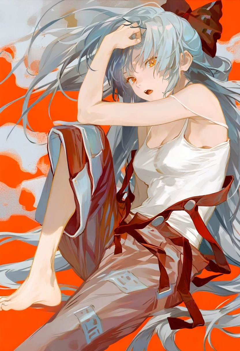 1girl, long hair, solo, hair bow, pants, bow, fujiwara no mokou, barefoot, red pants, looking at viewer, open mouth, red bow, orange eyes, bare shoulders, shirt, very long hair, grey hair, breasts, white shirt, blue hair, red background, orange background, red eyes, knee up, sitting, bare arms, foot out of frame, arm up <lora:reiXL_NB11_lokr_V6311P:0.95>