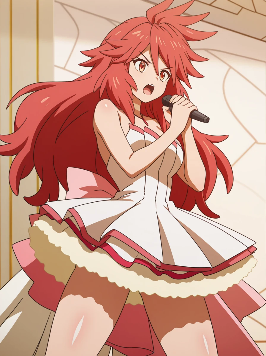 masterpiece, best quality, amazing quality, very aesthetic, absurdres, newest,shiny skin, thick thighs anime screenshot, anime coloring, open mouth,
<lora:KanadeAmouIllus:1>1girl, long hair, solo, red hair, dress, microphone, zweiwingdress stage happy