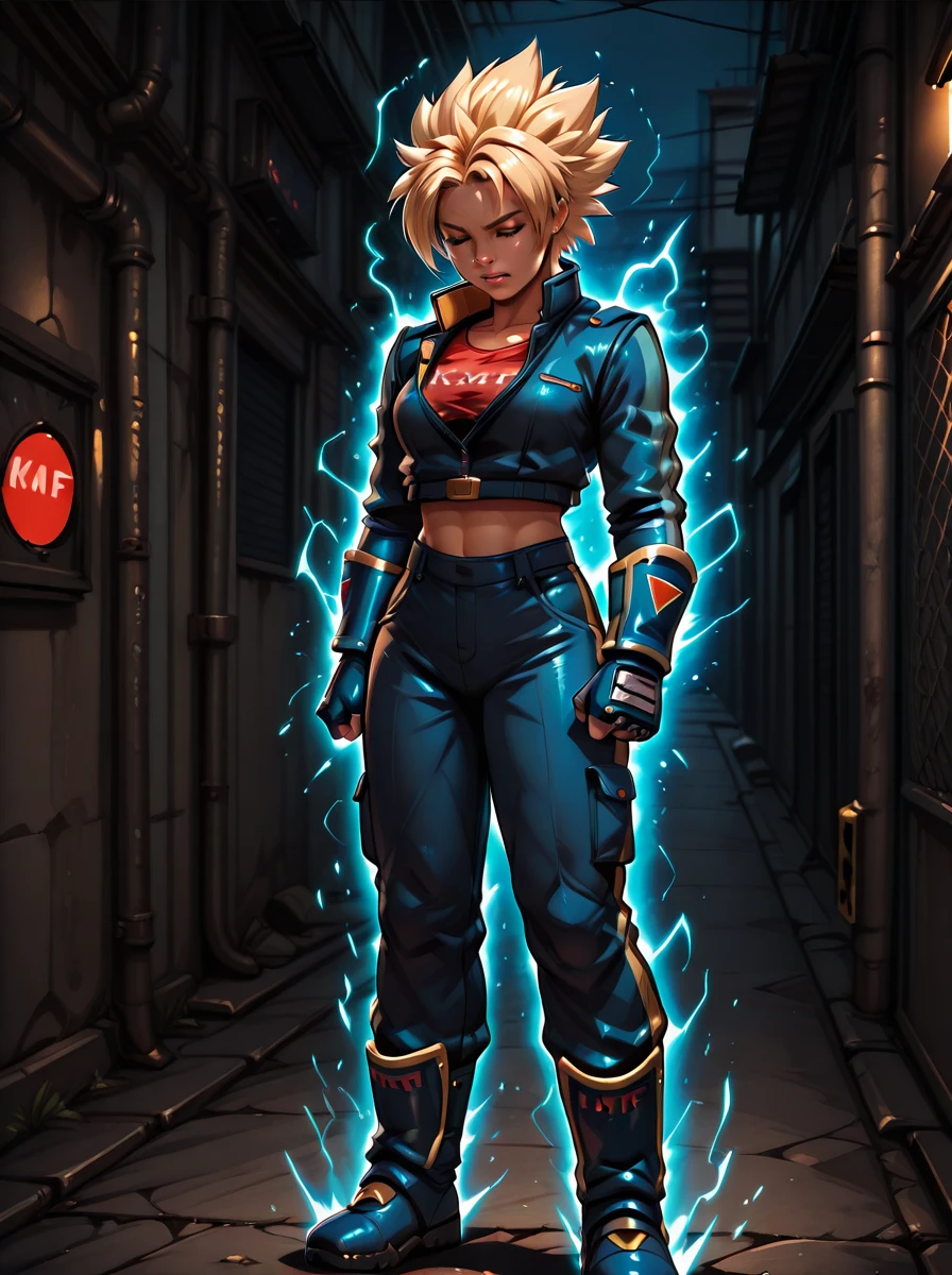 <lora:Shina_3forms-_Bloody_Roar_Illust_v1:0.8>,  <lora:RealisticAnimeIXL:0.6>,  <lora:Ultra Instinct [IL]:0.8>, sh1n4norm, ultra_instinct, white and blue aura, 1girl, blue jacket, red kmf shirt, blue pants, blue boots, fingerless gloves, blue bracers, blue greaves, spikey hair, bangs, blonde hair, midriff, standing, looking down, eyes closed, meditation, focused, fists clenched, teeth clenched, electricity body, gathering power, full body, closeup, alley background , night, chain link fence