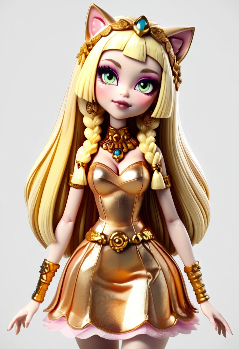 masterpiece, best quality, medium breasts, (curvy), BREAK, zzLillie, long hair, braid, <lora:LilliePokemonIXL:1.0>,smile, looking at viewer, cowboy shot, blush, head tilt, dynamic pose, gold hair, multicolored hair, animal ears, cat ears, makeup, eyeliner, lipstick, earrings, necklace, bracelet, shoulderless dress, metallic details, <lora:Rd3degyptian_IXL:1.2>,