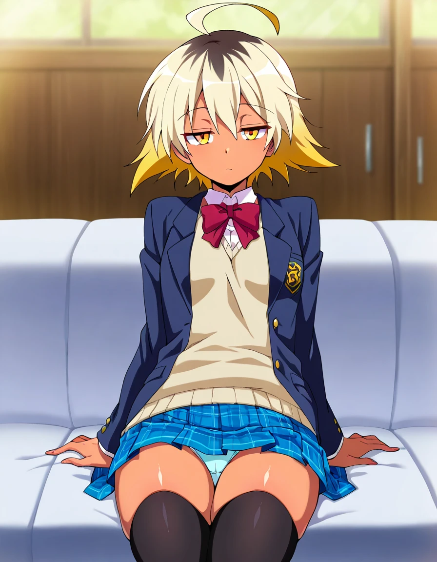 good quality, best quality, masterpiece, absurdres, anime screencap, anime coloring, uncensored, 1girl, solo, (cowboy shot:1.2), nyako, dark skin, dark-skinned female, yellow eyes, blonde hair, multicolored hair, short hair, ahoge, small breasts, school uniform, jacket, long sleeves, pleated skirt, bowtie, bow, thighhighs, underwear, <lora:Nyako_Hatsuiki_ill:1>, sitting, legs together, narrowed eyes, expressionless, looking at viewer, cute face, shiny body, shiny skin, skindentation, clear skin, shiny hair, ultra detailed eyes, depth of field, sharp, intricate details, hyperdetailed