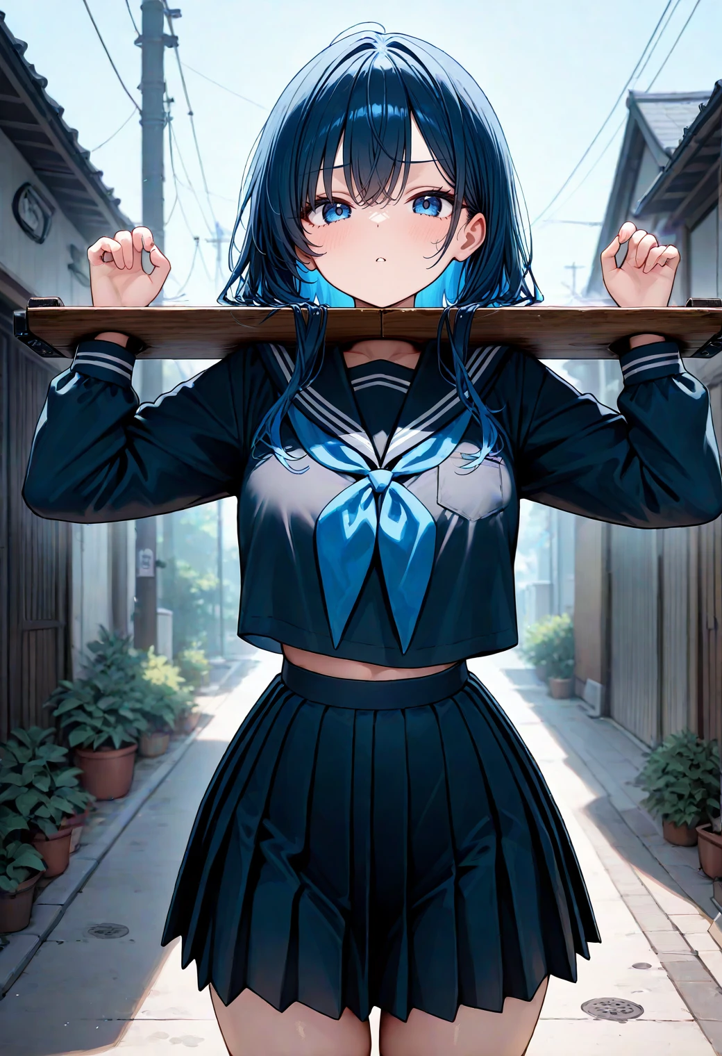 masterpiece, best quality, newest,
1girl, serafuku,
solo, cowboy shot, outdoors,
pillory,
<lora:pilloryillusxl:1>
