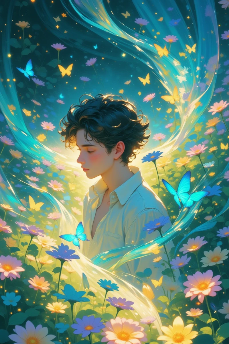 Be_luminous,Anime_Era,Sci-fi_fantasy_illustration,This digital painting depicts a young man with curly dark hair, fair skin, and a contemplative expression, surrounded by vibrant, glowing butterflies and flowers. The background is a dreamy blend of blues and greens, creating a magical, ethereal atmosphere. The style is reminiscent of anime art with soft, flowing lines and a warm, glowing light