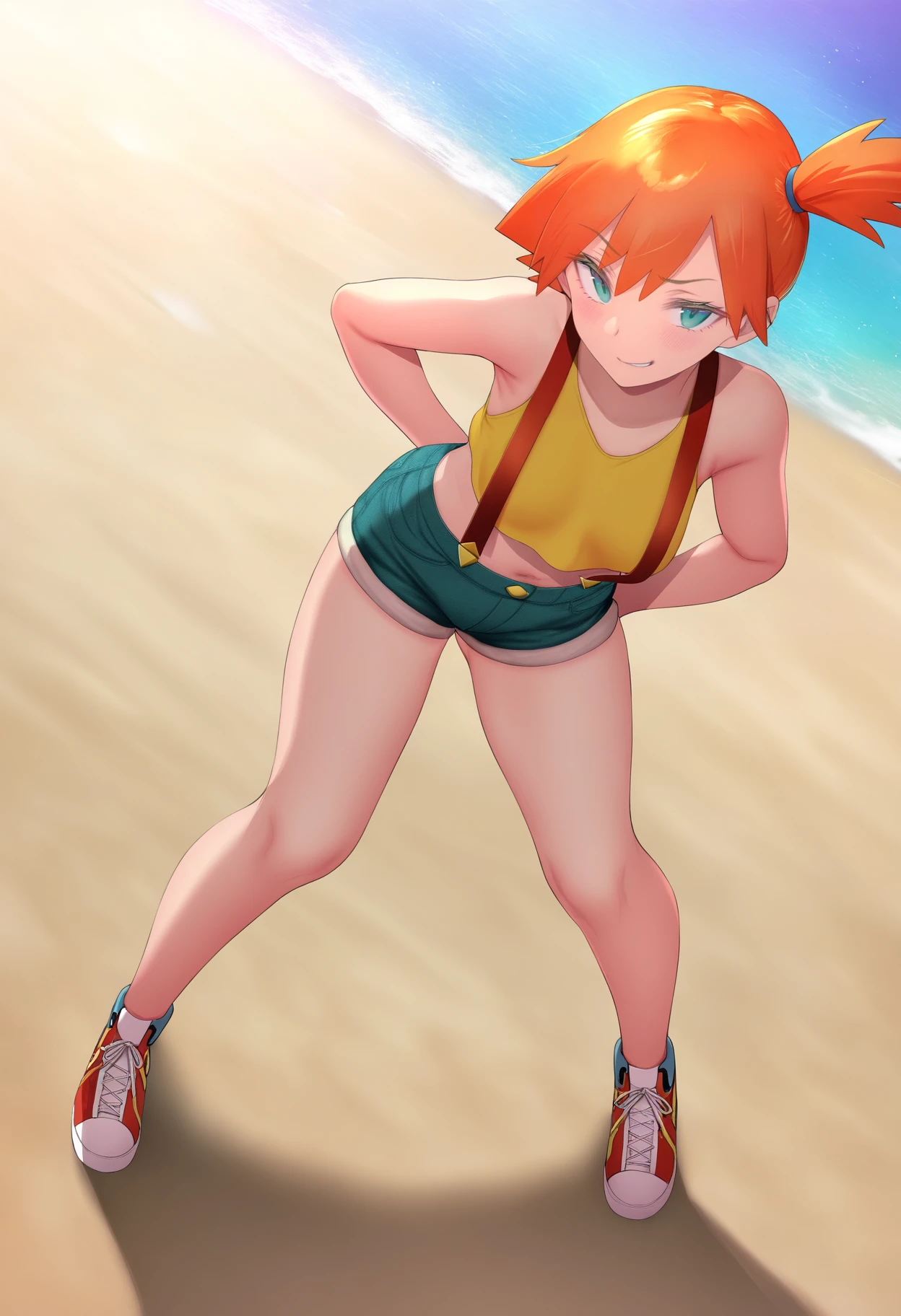 best quality, amazing quality, very aesthetic, absurdres,
BREAK
1girl, misty \(pokemon\), orange hair, side ponytail, yellow crop top, short shorts, suspenders, looking at viewer, smirk, standing BREAK
sand, sea, blue sky, beach background, <lora:GentsukiNoobLocon_byKonan:1>