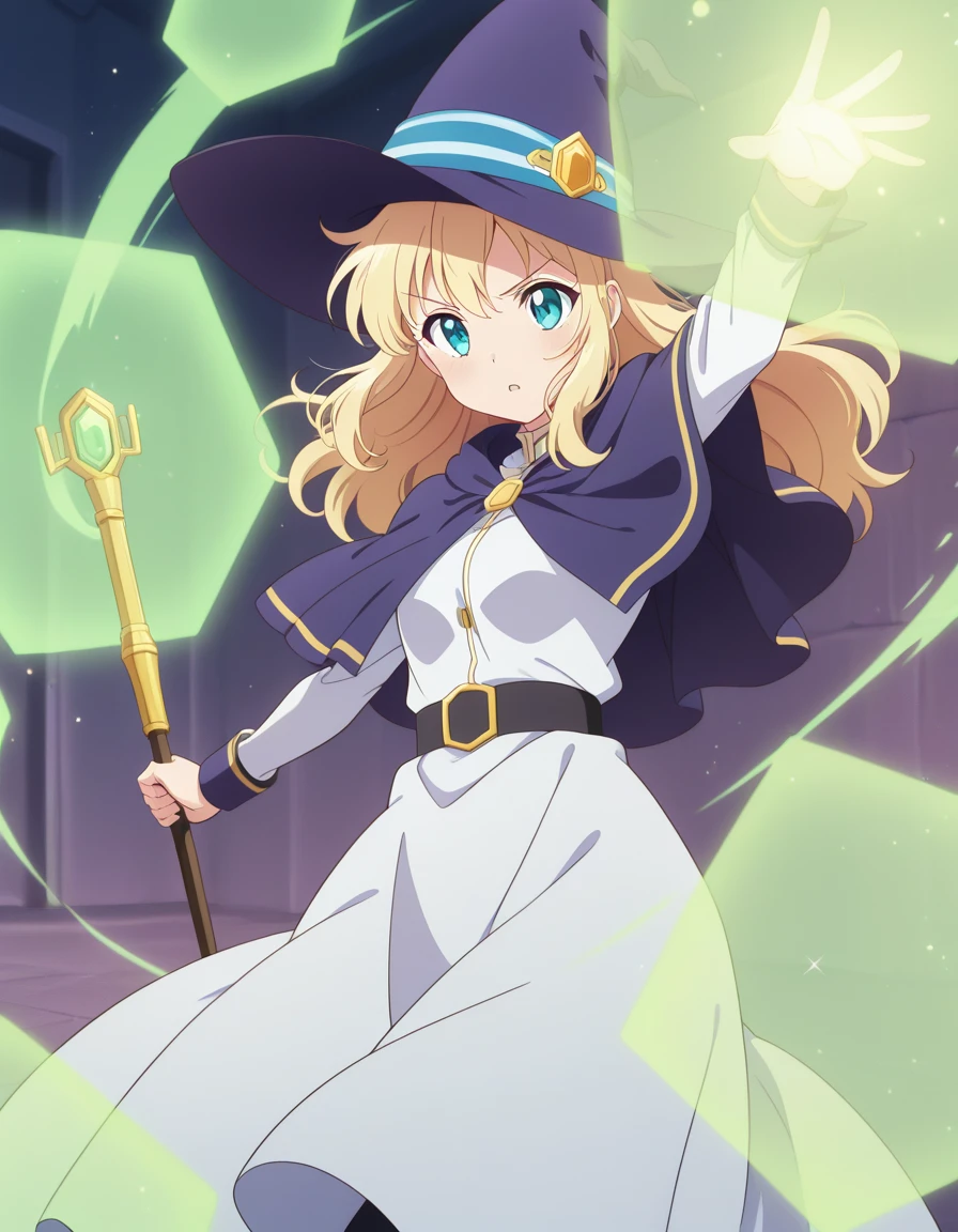 ailand,((barrier,energy barrier)),1girl,solo,witch,witch_hat, action,dynamic pose, cowboy shot, action,magic,<lora:barrier_v1_illustrious_d:1> ,staff, long hair, blonde hair,capelet,deflect,magic,incoming attack,long dress, force_field,,outstretched arm,hexagonal_barrier,((anime_coloring)),anime_screencap,studio_anime,<lora:ailand_v1_illustrious:1>