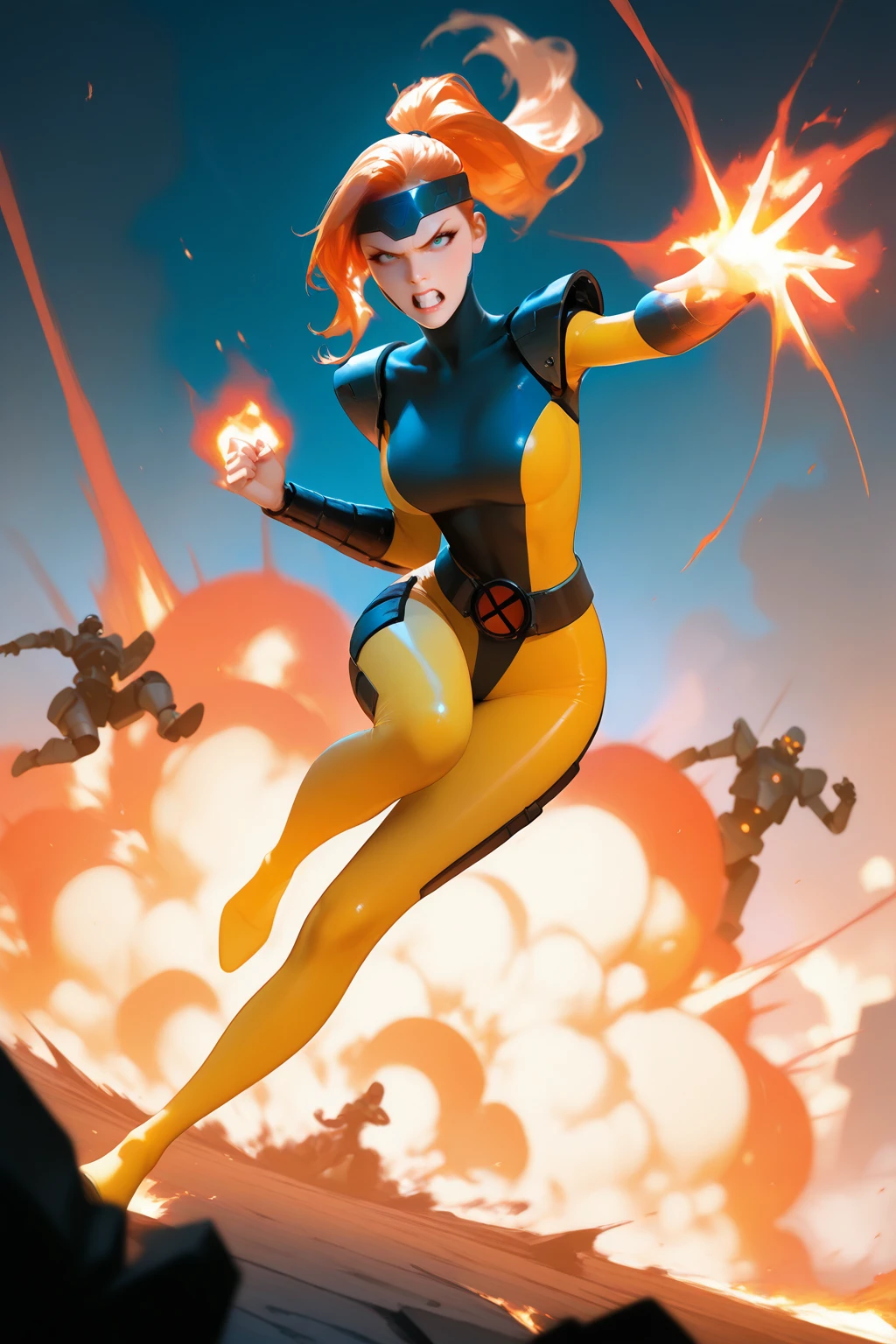 masterpiece, good quality, best quality, very awa, very as2, absurdres, highres,
<lora:Jean Grey Classic X-MenilluLoRA:1>jngryclsic, long hair, ponytail, asymmetrical bangs, headband, turtleneck, bodysuit, pauldrons, vambraces, belt, boots, fire, magic, outstretched arm, aura, angry, teeth, explosion, robots, fighting stance, flying