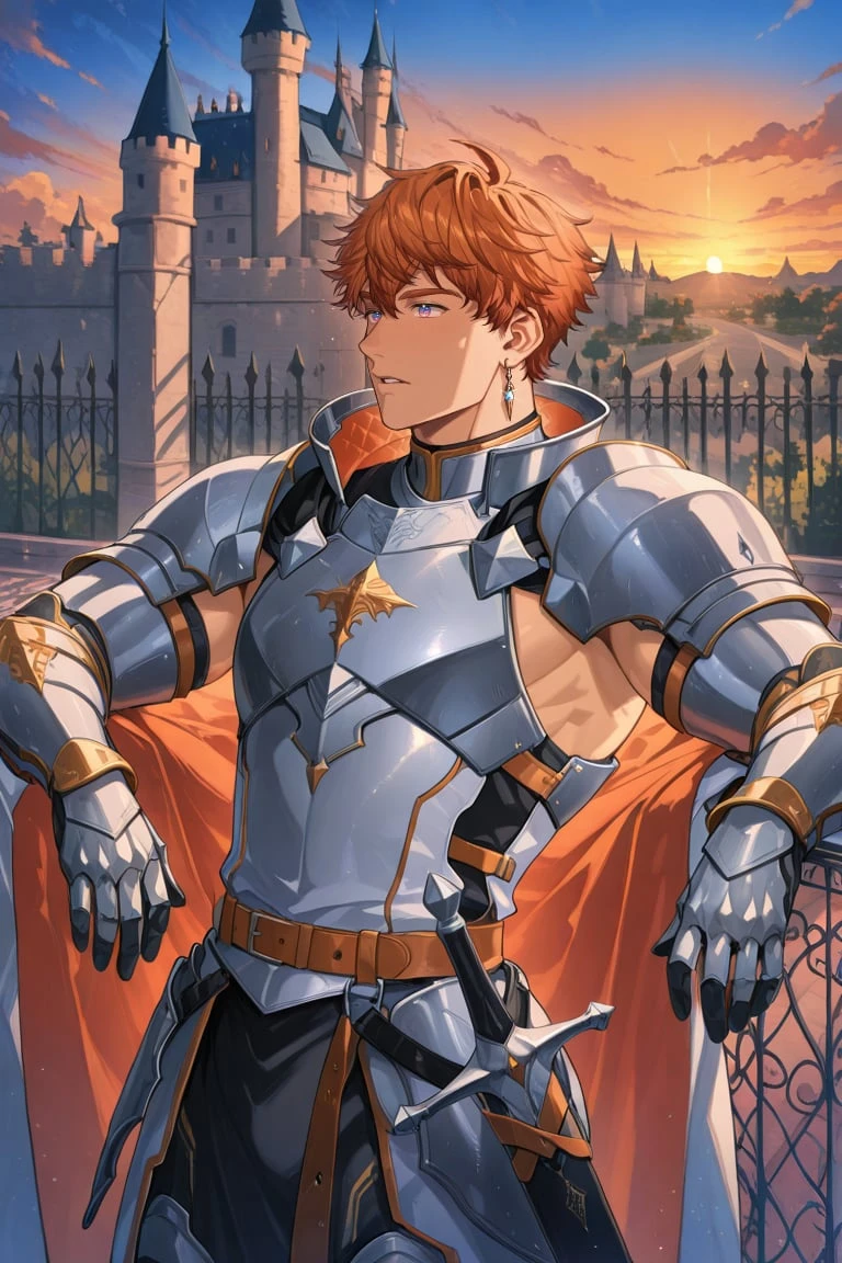 bara, solo, 1boy, ktmys, orange hair, gradient eyes, blue eyes, pink eyes, short hair, muscular male, official alternate hairstyle, single earring, looking at ahead, cool expression, BREAK, silver armor, sideless, knight cape, knight armor, chest guard, gauntlet, sheath at waist, scabbard, belt, BREAK, outdoors, dynamic perspective, side view, three-quarters view, arm rest, fence, leaning back, terrace, castle, sunset, BREAK, very awa, very aesthetic, masterpiece, best quality, newest, recent, absurdres, score_9, score_8_up, score_7_up,