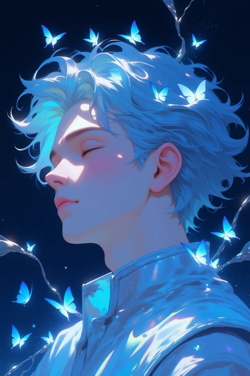 Be_luminous,Anime_Era,Sci-fi_fantasy_illustration,A digital illustration by ****-tuo-02 depicts a serene, ethereal young man with tousled blue hair, adorned with glowing blue butterflies. His eyes are closed, bathed in soft, luminescent light. The background is a dark, starry night sky, enhancing the mystical ambiance. The image exudes a dreamy, otherworldly beauty