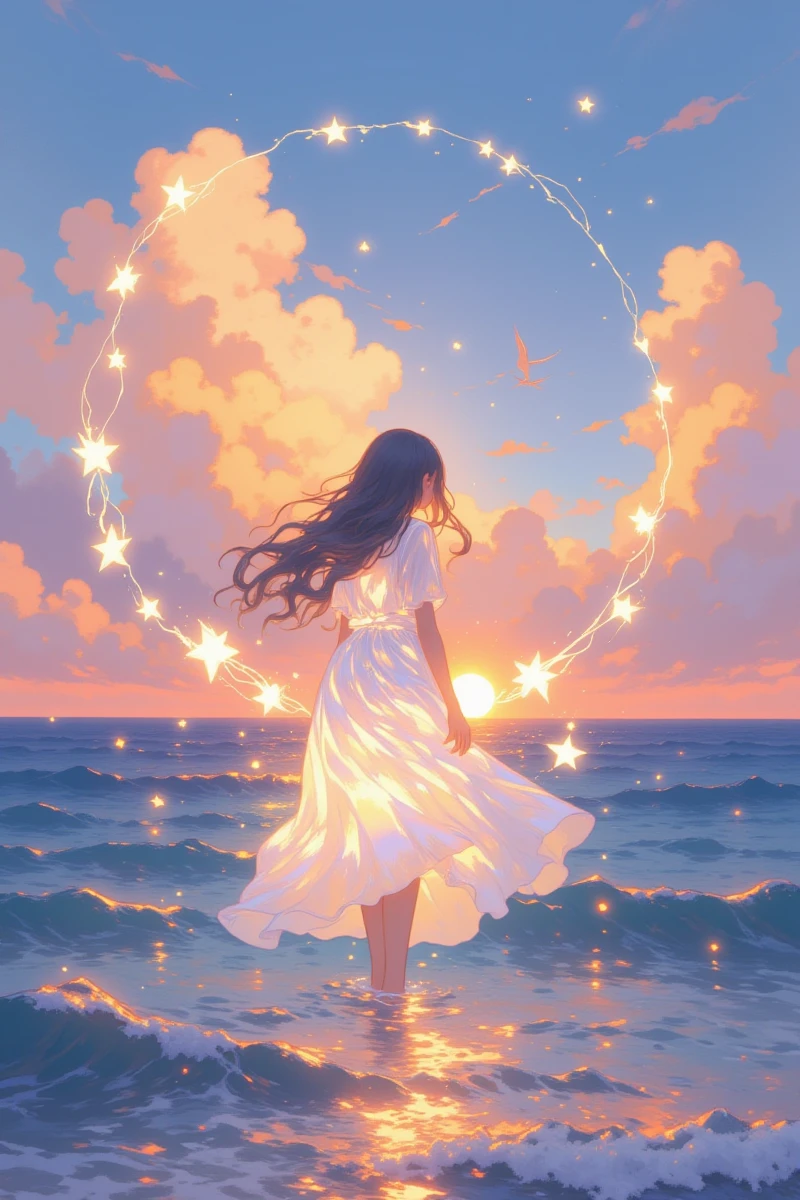 Be_luminous,Anime_Era,Sci-fi_fantasy_illustration,A digital painting depicts a young girl with long, flowing black hair in a white dress standing in the shallow ocean at sunset. She's surrounded by glowing, star-**** lights on the water. The sky is a gradient of orange, pink, and blue with fluffy clouds. The serene, magical scene evokes a dreamy, ethereal atmosphere