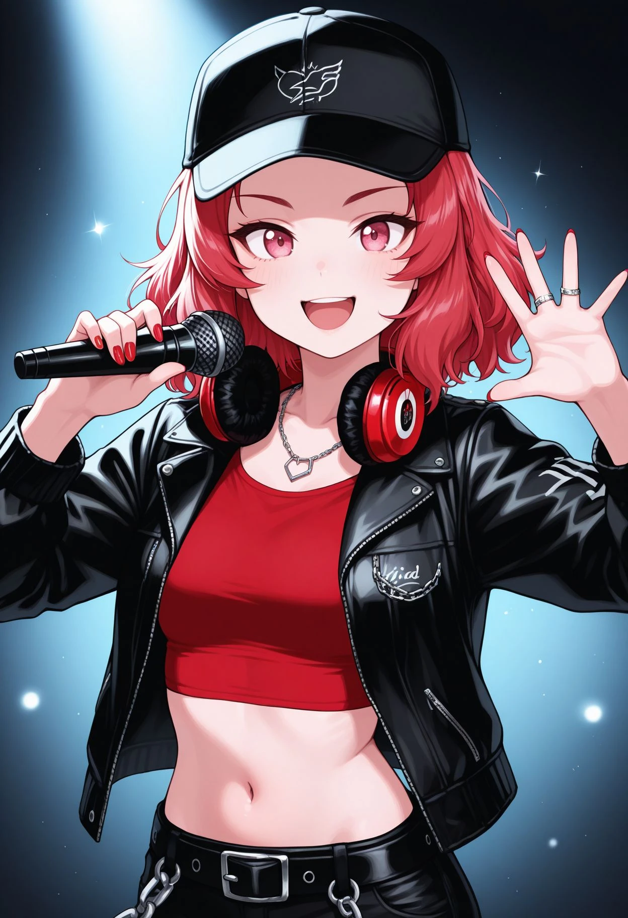 masterpiece,amazing quality,best quality,ultra-detailed,8K,illustration, amazing quality, newest, absurdres, realistic, (monochrome:0.8), hatching (texture), vivid colors, , ,perfect body, perfect face, rim lighting, 
<lora:Rosehip  illu:1>, 1girl,, red hair,, medium hair,  1girl, holding microphone, hat, black pants, navel, black jacket, jewelry, headphones around neck, necklace, black headwear, looking at viewer, pink eyes, open mouth, official alternate costume, midriff, open clothes, belt, open jacket, bangs, baseball cap, smile, red shirt, crop top, long sleeves, ring,, chain, nail polish