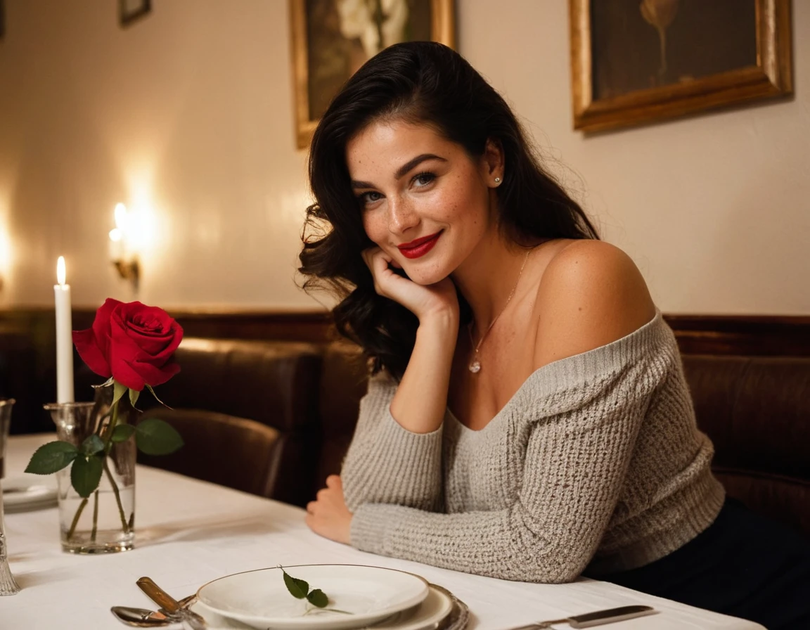 close shot,sitting across from a curvy woman at an intimate, dimly lit restaurant table. Her soft, delicate features are highlighted by the flickering candlelight, casting warm, dancing shadows on her face. Sheâs dressed in a fashionable yet casual outfitâa snug, off-the-shoulder sweater that accentuates her curves, paired with a high-waisted skirt that hugs her . Her dark hair, styled in a loose 1960âs inspired wave, frames her face as she leans in, her eyes sparkling with a mix of affection and mischief. The table is set with a crisp white tablecloth, a single red rose in a slim vase, and two glasses of wine. The background is softly blurred, focusing all attention on her inviting smile and the intimate atmosphere, mid-shot, capturing the cozy, romantic ambiance of the restaurant with its soft lighting and elegant decor., realistic skin with FRECKLES,ultra photorealistic, photorealism, taken with hasselblad H6D 100c, the HCD 24mm lens, (DOF:1.4), sharp focus, (perfect real extreme detail), amazing fine detail, absurdres, hyper realistic lifelike texture, dramatic lighting, film grain texture, leogirl, paparazzi photo,
