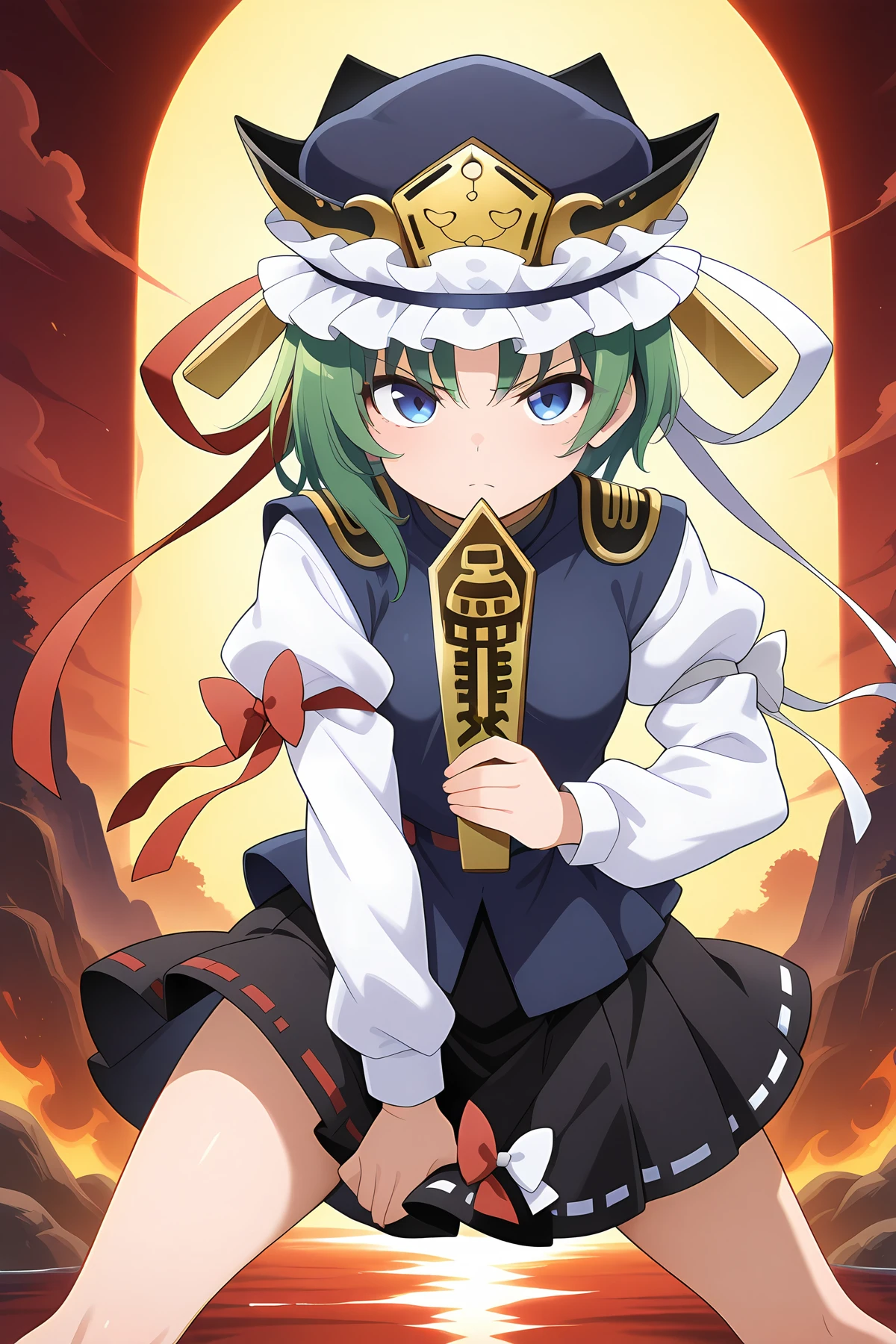 absurdres, highres, masterpiece, best quality, amazing quality, official anime artwork, screencap, anime screencap, looking at viewer, serious, sanzu river, hell, dynamic pose,
<lora:Eiki-Shiki-Yamaxanadu_Illustrious:1> shiki eiki, 1girl, solo, green hair, blue eyes, short hair, small breasts,, hat, bow, ribbon, red bow, blue vest, white shirt, black shirt, long sleeves, ribbon-trimmed skirt, rod of remorse,