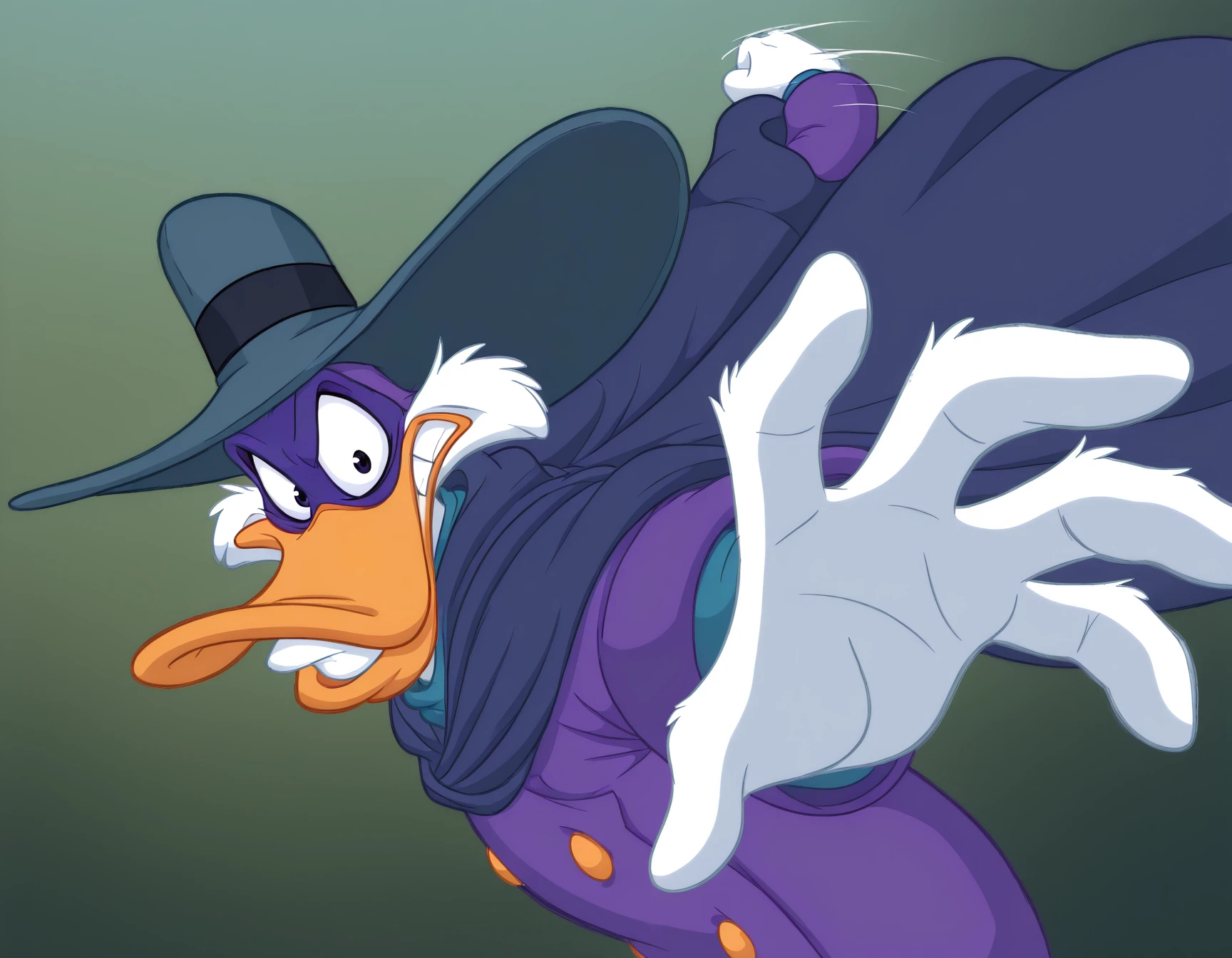 masterpiece, best quality, amazing quality, very aesthetic, high resolution, solo, disney, male
Darkw1ng_Duck, white feathers, purple dress, purple mask, dark blue-pink cloak, hat, IncrsPunchMeme, incoming attack, motion lines, upper body
<lora:PepePunchMeme_illusXLNoobAI_Incrs_v1:1.1>
<lora:Darkw1ng_Duck_il:0.9>