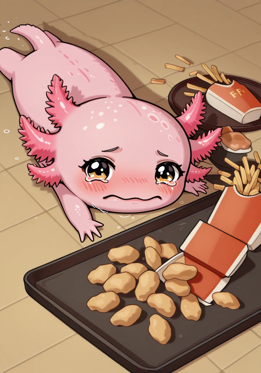 apu spills his tendies (meme), looking at viewer, blush, lying, food, tears, crying, on stomach, tray, tearing up, french fries, tripping, fallen down, axolotl, solo, embedding:IllustriousQual, apu spills his tendies (meme), looking at viewer, blush, lying, food, tears, crying, on stomach, tray, tearing up, french fries, tripping, fallen down, axolotl, solo, embedding:IllustriousQual,<lora:axolotl_ill.safetensors:1.0:1.0> <lora:apu_spills_his_tendies_meme-10.safetensors:1:1>