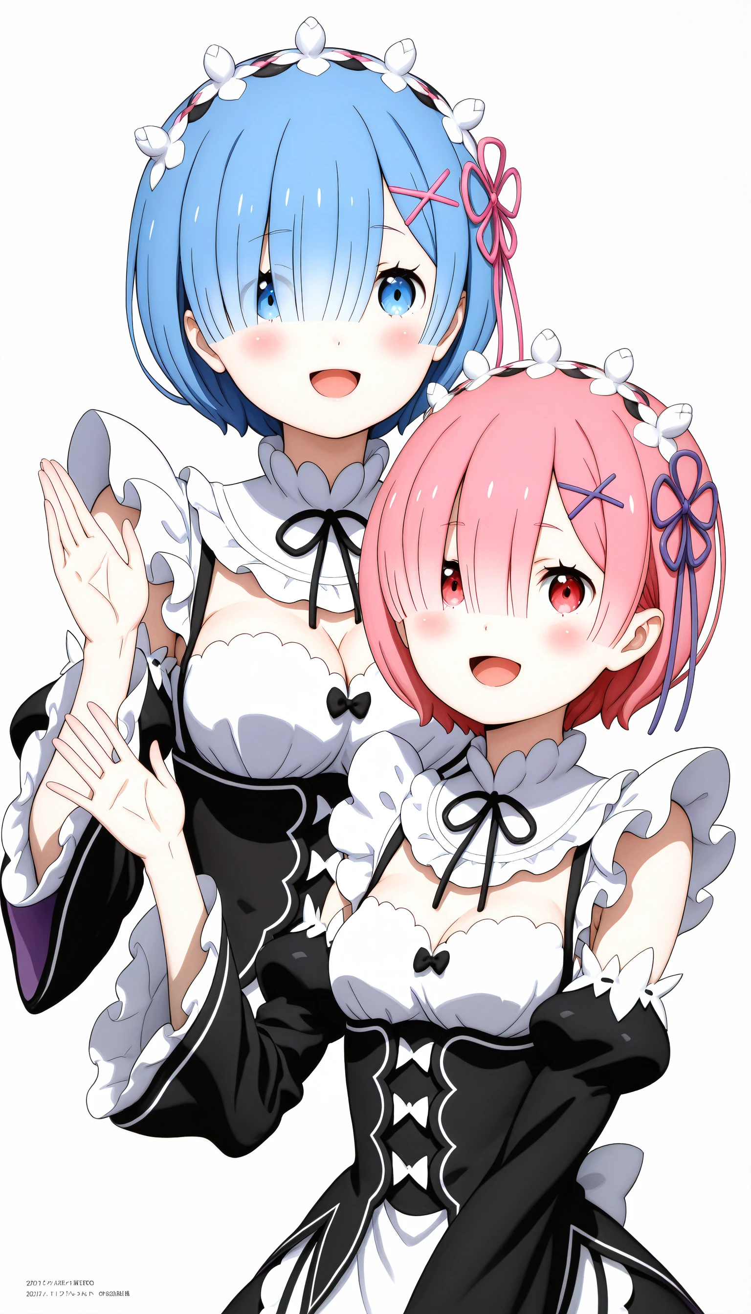((SK-Illu, sakai_kyuuta, breasts, blush, looking_at_viewer, smile, short_hair, open_mouth, bangs, blue_eyes, multiple_girls, simple_background, hair_ornament, photoshop_(medium), red_eyes, dress, white_background, ribbon, long_sleeves, bow, 2girls, cleavage, medium_breasts, blue_hair, closed_mouth, hair_ribbon, pink_hair, upper_body, :d, hairband, detached_sleeves, small_breasts, frills, choker, artist_name, pink_eyes, hand_up, character_name, hair_over_one_eye, dated, black_dress, red_ribbon, maid, maid_headdress, copyright_name, black_ribbon, neck_ribbon, siblings, black_bow, sisters, x_hair_ornament, blue_ribbon, ribbon_trim, frilled_sleeves, ribbon-trimmed_sleeves, pink_ribbon, twins, re:zero_kara_hajimeru_isekai_seikatsu, purple_ribbon, underbust, head_wreath, rem_(re:zero), roswaal_mansion_maid_uniform, ram_(re:zero)))