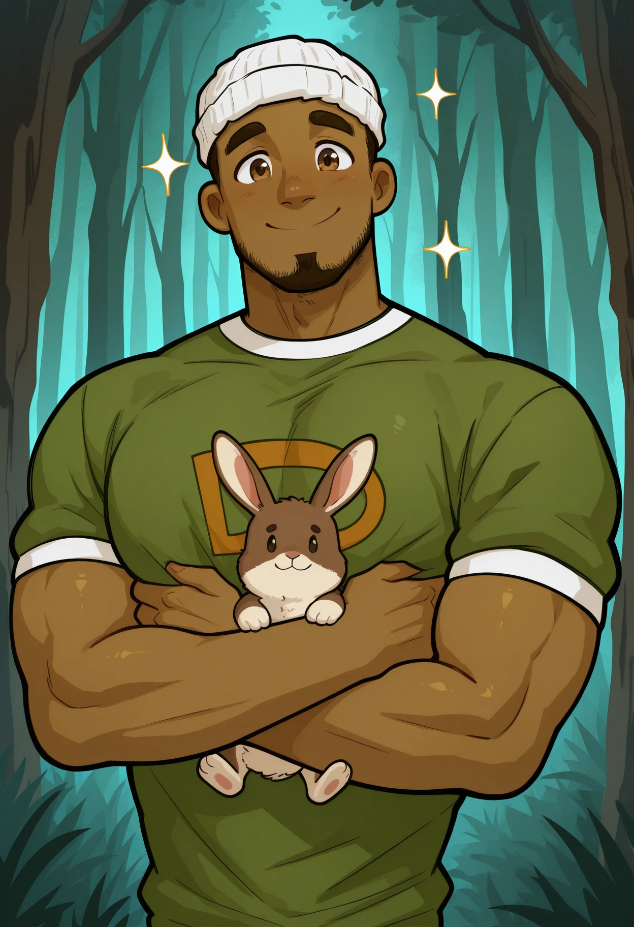 masterpiece, best quality, amazing quality, very aesthetic, absurdres, newest, male, bara, D_J_TDI, dark skin, brown skin, facial hair, upper body, green shirt, beanie, white beanie, forest, looking at viewer, smile, holding rabbit, sparkle, side view