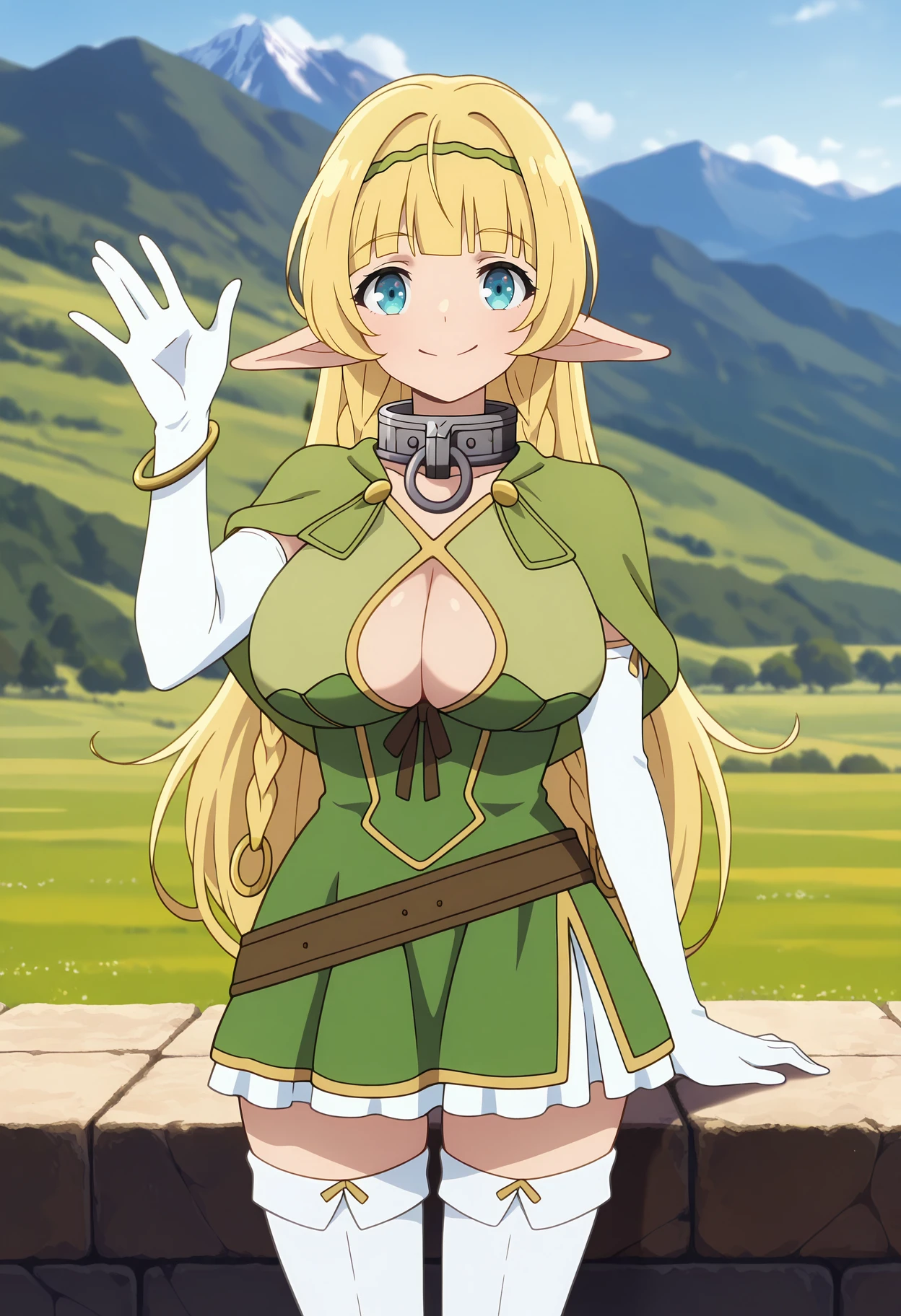 1990s \(style\), 1990s anime cels style, best quality, high resolution, forest, large breasts, cowboy shot, riesz
winged helmet, dress, armor, shoulder armor, bridal gauntlets, cleavage, blush, embarrassed, smile, from above,