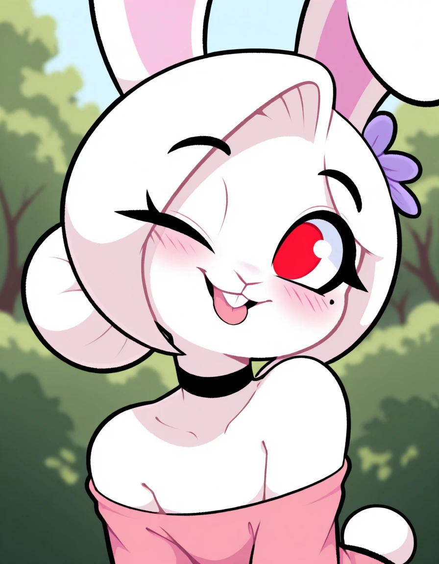 masterpiece, best quality,
outdoors,
upper body,headshot,evil smile,parted lips,long eyelashes,tongue out,black choker,one eye closed,head tilt,mole under eye, blush,
<lora:Carrots_v01_ILXL:1>,
C4rr0ts,1girl,solo,furry female,rabbit girl,rabbit ears,red eyes,white hair,body fur,white fur,rabbit tail,animal nose,hair ornament,hair flower,hair bun,buck teeth,