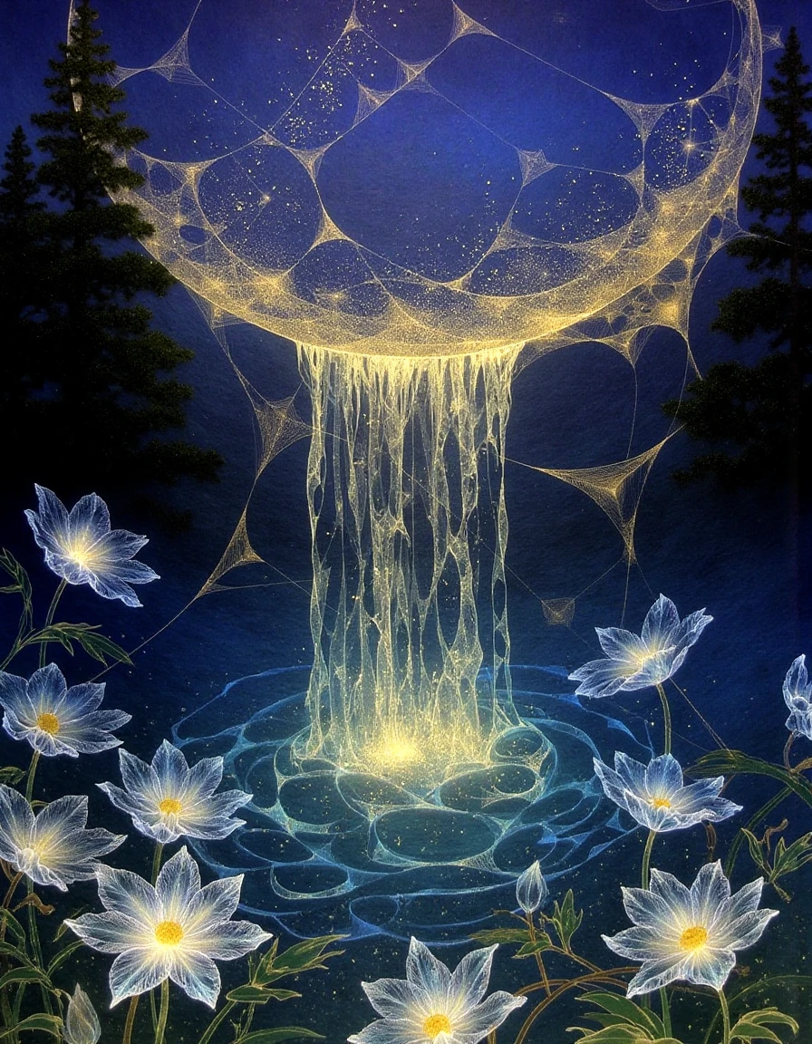 a dinhng style painting , a glowing ethereal waterfall cascading with translucent golden streams surrounded by intricate flowers under a mystical starry night sky with a serene atmosphere, <lora:nihonga-stardust_v32-000070:1>