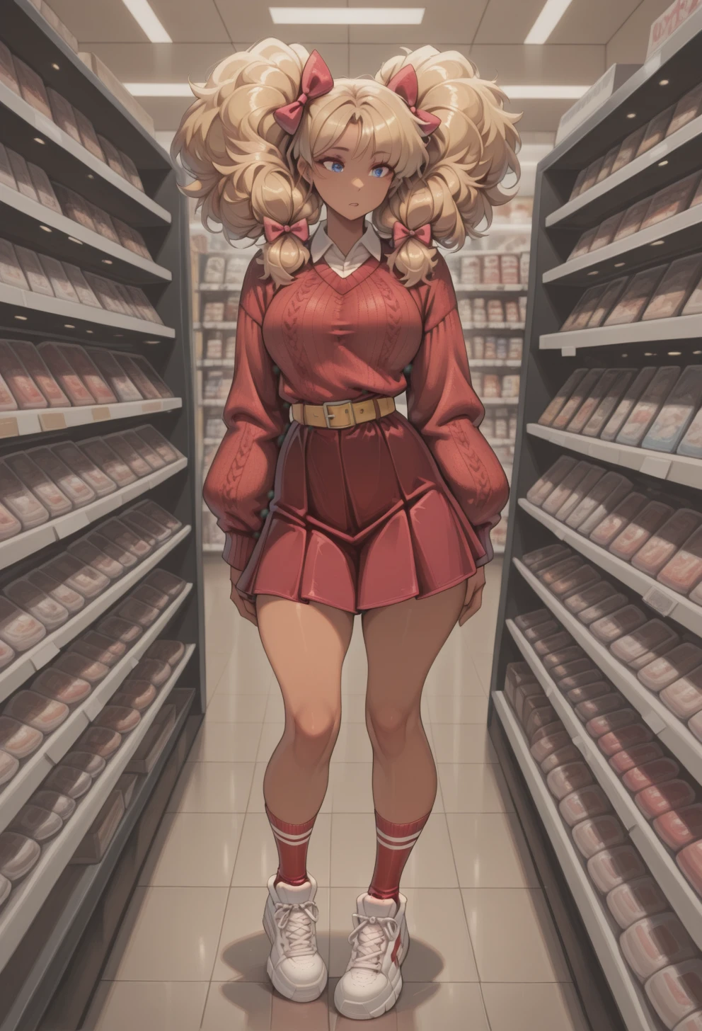 masterpiece, best quality, absurdres,
WPhoebe, standing, talking, big twintails,
red socks, white sneakers, red sweater, red skirt, hair bow, collared shirt, yellow belt,
from front,
store, clothing on shelves,