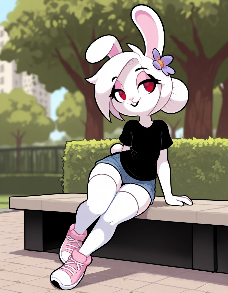 masterpiece, best quality,
outdoors,park,
full body,seductive smile,parted lips,long eyelashes,
black shirt,denim shorts, white thighhighs, sports footwear,
<lora:Carrots_v01_ILXL:1>,
C4rr0ts,1girl,solo,furry female,rabbit girl,rabbit ears,red eyes,white hair,body fur,white fur,rabbit tail,animal nose,hair ornament,hair flower,hair bun,buck teeth,