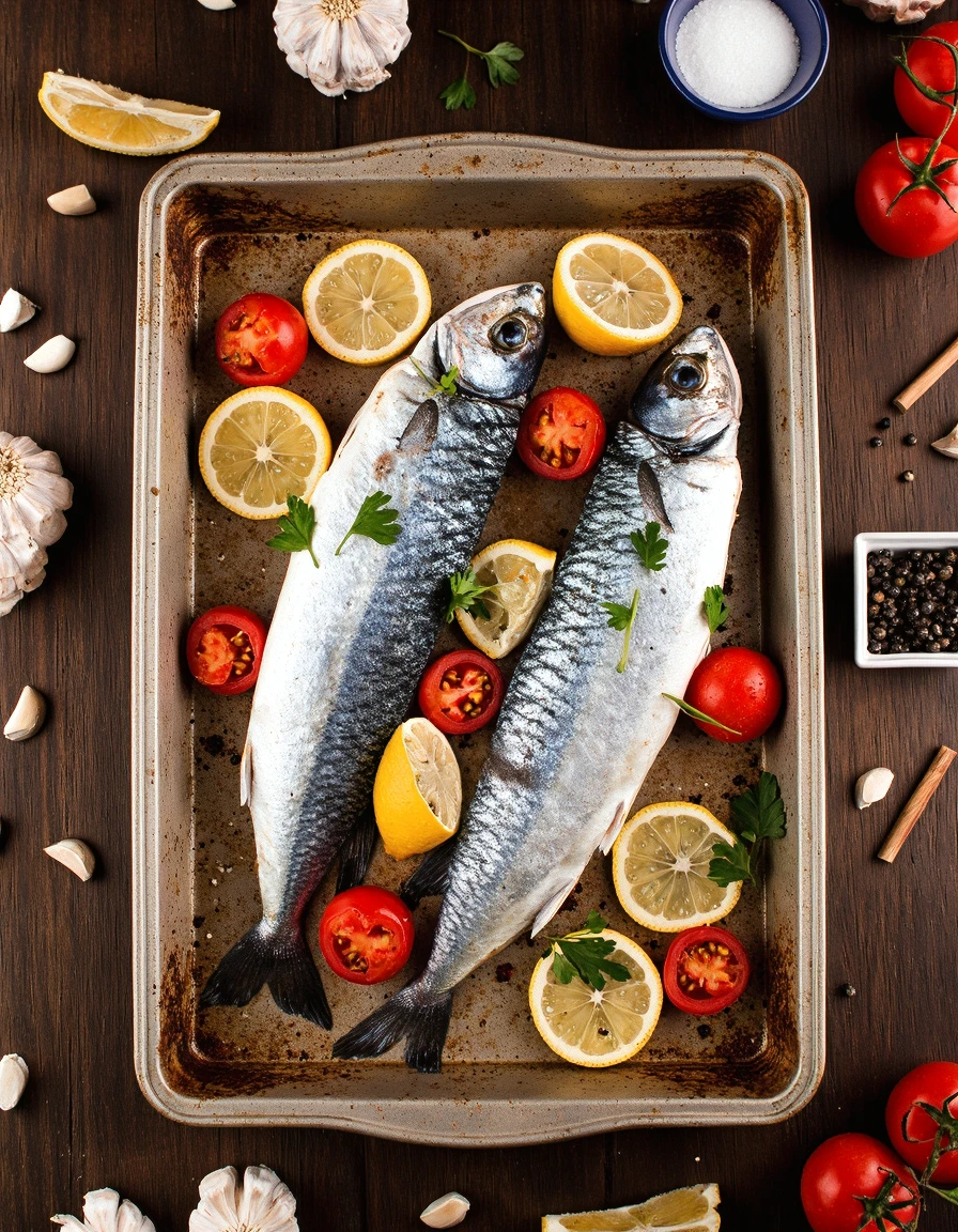 foodpho , High resolution food photography style using Sony A7RIV, The image shows two whole mackerel fish on a baking tray. The tray is placed on a wooden table with various ingredients scattered around it. The fish are silver in color and appear to be freshly cooked. They are garnished with lemon wedges, cherry tomatoes, and parsley. There are also some garlic cloves and other spices scattered around the tray. In the top right corner of the image, there is a small bowl of black peppercorns and a small container of salt. The overall aesthetic of the dish is rustic and appetizing. The image is detailed and shot using a 50mm f 1.8 lens.
