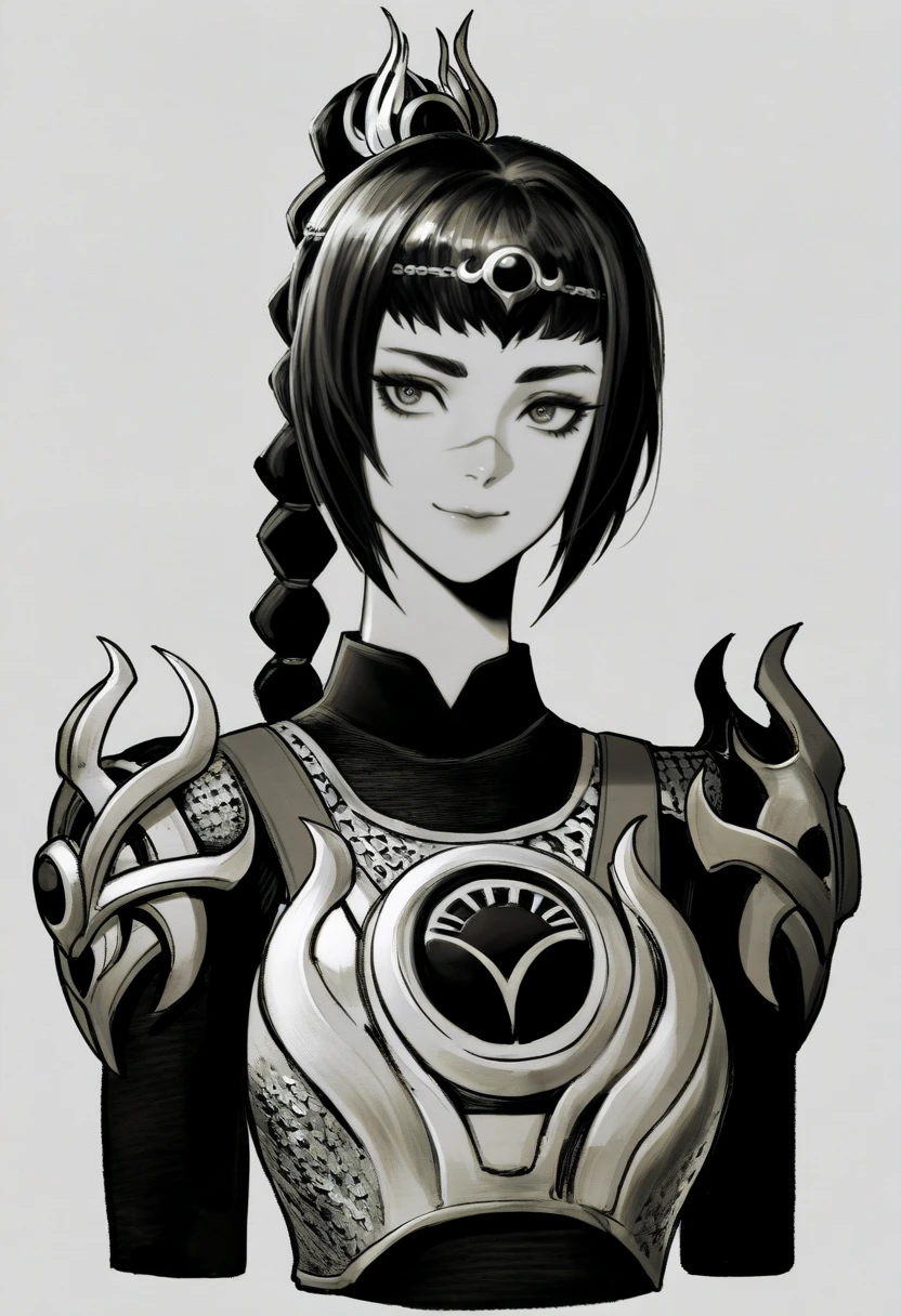 best quality, amazing quality, very aesthetic, absurdres, monochrome, greyscale,
BREAK
1girl, solo, shadowheart, black hair, braided ponytail, scar on face, circlet, armor,
smile, looking at viewer, upper body, simple background, <lora:HeeGwangKangNoobLocon_byKonan:1>, <lora:ShadowHeartIllustrious_byKonan:0.8>