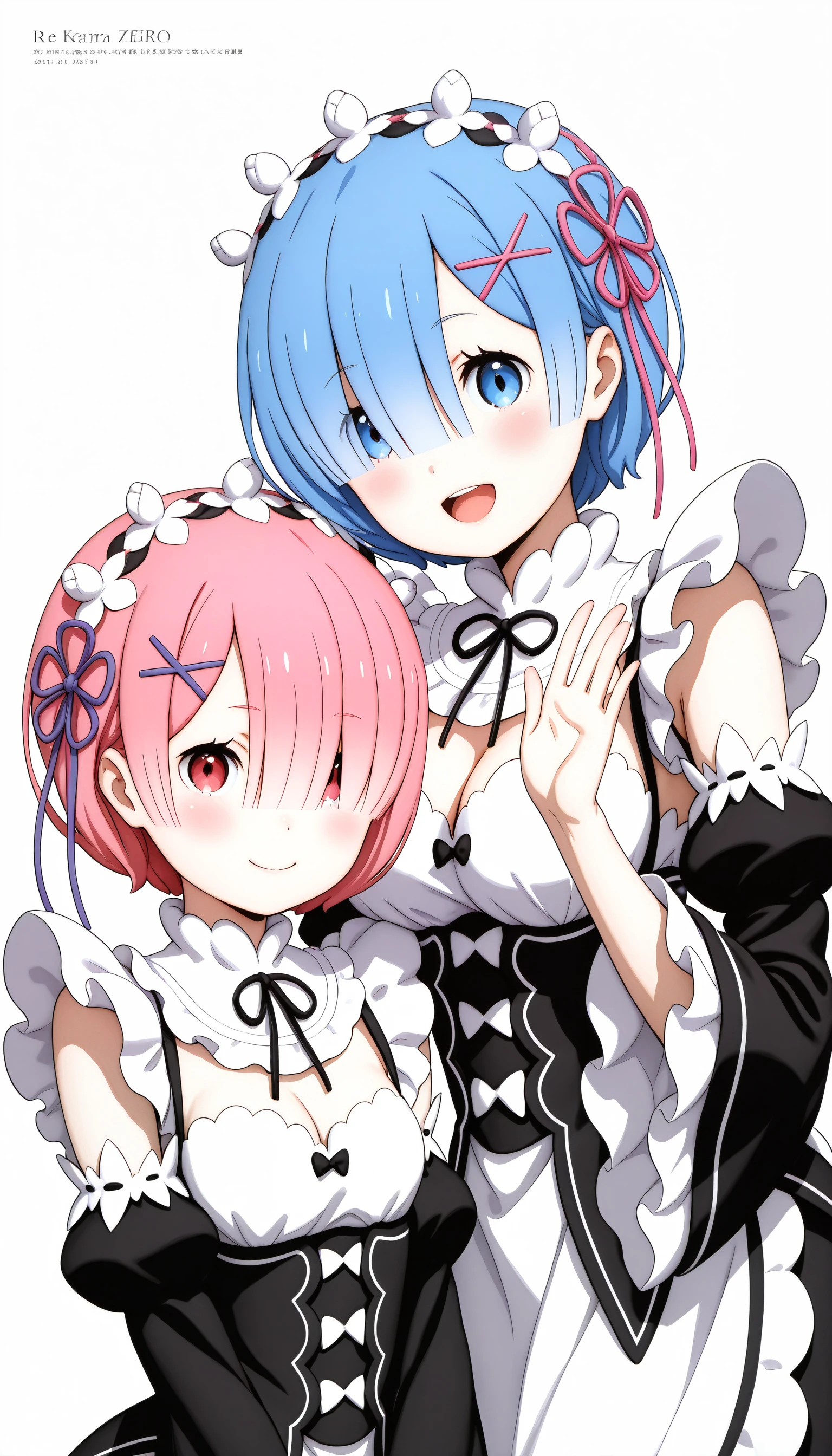 ((SK-Illu, sakai_kyuuta, breasts, blush, looking_at_viewer, smile, short_hair, open_mouth, bangs, blue_eyes, multiple_girls, simple_background, hair_ornament, photoshop_(medium), red_eyes, dress, white_background, ribbon, long_sleeves, bow, 2girls, cleavage, medium_breasts, blue_hair, closed_mouth, hair_ribbon, pink_hair, upper_body, :d, hairband, detached_sleeves, small_breasts, frills, choker, artist_name, pink_eyes, hand_up, character_name, hair_over_one_eye, dated, black_dress, red_ribbon, maid, maid_headdress, copyright_name, black_ribbon, neck_ribbon, siblings, black_bow, sisters, x_hair_ornament, blue_ribbon, ribbon_trim, frilled_sleeves, ribbon-trimmed_sleeves, pink_ribbon, twins, re:zero_kara_hajimeru_isekai_seikatsu, purple_ribbon, underbust, head_wreath, rem_(re:zero), roswaal_mansion_maid_uniform, ram_(re:zero)))