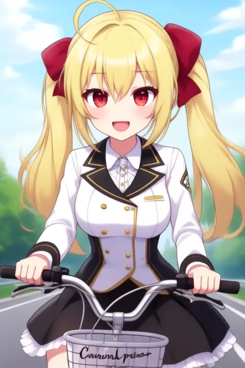 Takamiya Rion, anime-style girl. The image features an anime-style character with long blonde hair styled in twin tails, each adorned with a red bow. The character has striking red eyes and is wearing a white blouse with black trim and gold buttons, paired with a black skirt that has a frilled hem, (She is riding a bicycle:3.0) on road. On the basket of her bicycle is written “champion”.