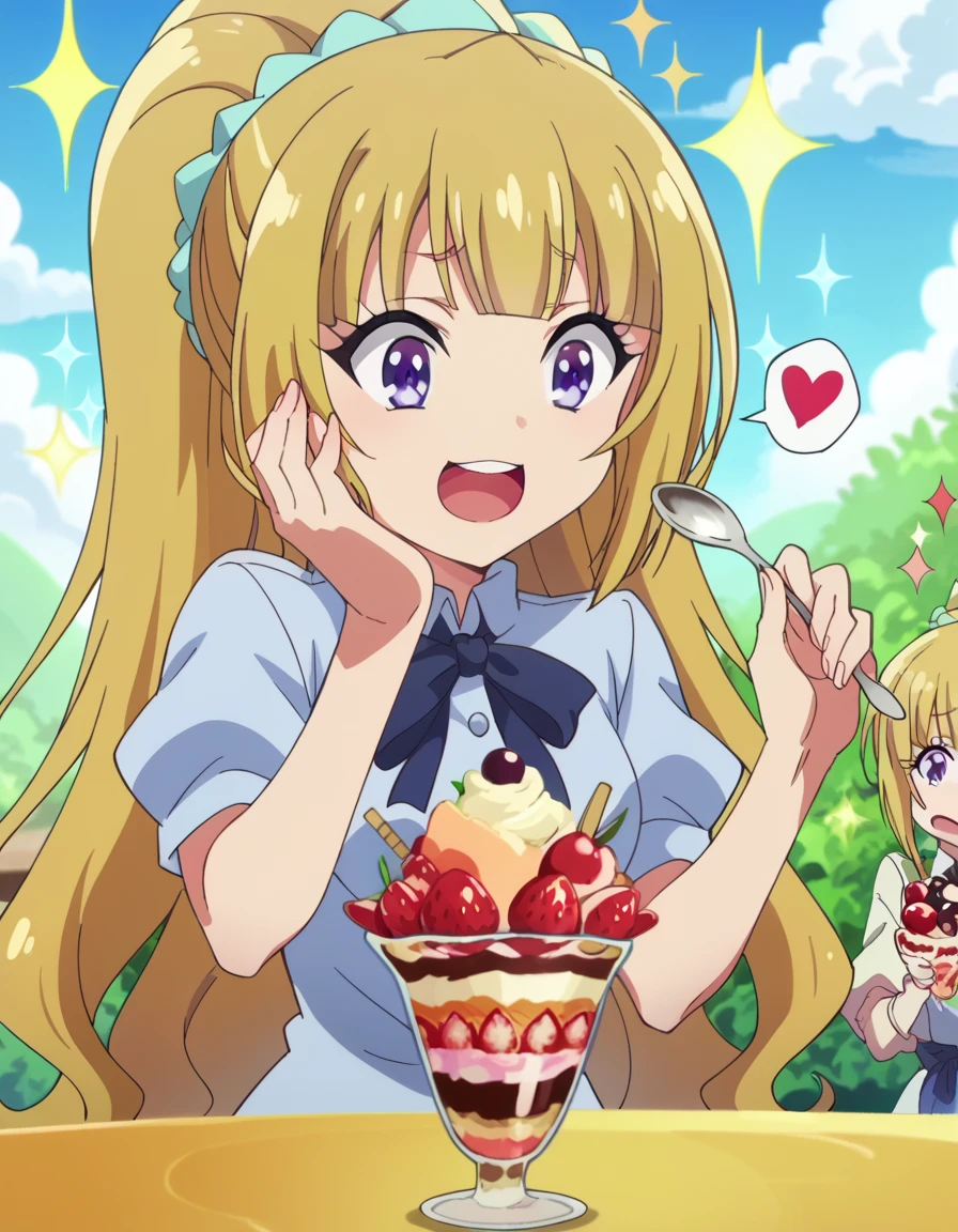 fscore_9, score_8_up, score_7_up, source_anime, <lora:kei-karuizawa-anime-s2-ponyxl-lora-nochekaiser:1>, kei karuizawa, long hair, bangs, blunt bangs, purple eyes, blonde hair, hair ornament, ponytail, scrunchie, blue scrunchie, medium breasts, anime screencap, <lora:parfait-ponyxl-lora-nochekaiser:1>, parfait, open mouth, heart, food, sparkle, fruit, happy, hand on own face, spoken heart, ice cream, strawberry, spoon, hand on own cheek, cherry, holding spoon, ,