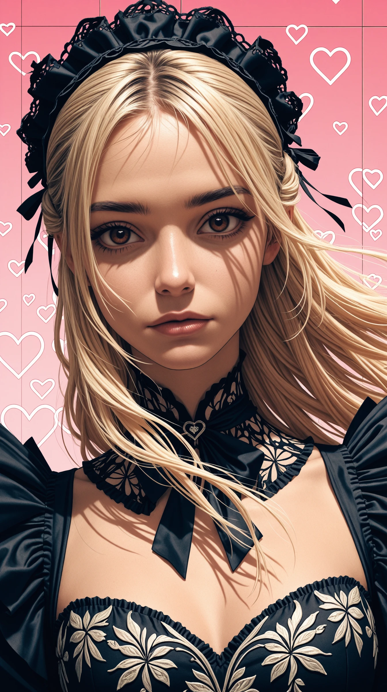 1girl, face, portrait, looking at viewer,
Glitch Art,, masterpiece,best quality,amazing quality,very aesthetic,absurdres,newest,detailed eyes, realistic body,
brown eyes, blonde, half updo hair, haute couture, maid dress, gothic dress, long sleeves, ruffles, maid hairband,
face focus, upper body view, dynamic angle,
(one giant square in background:1.4), abstract background, minimalistic composition, pastel pink background details, floating hair, futuristic print in background, heart patterns,
light from one side, dark shadow,