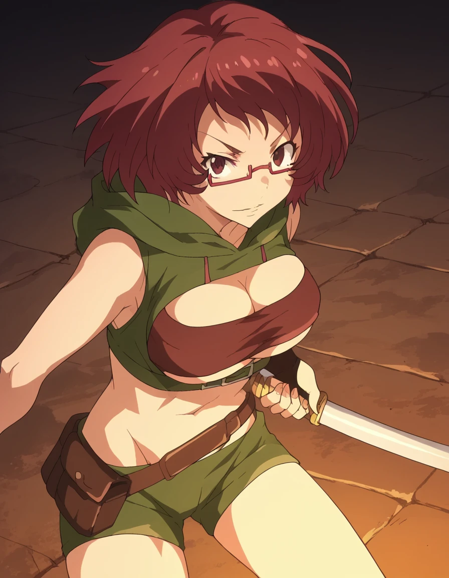 score_9, score_8_up, score_7_up, source_anime, <lora:grimgar-barbara-s1-ponyxl-lora-nochekaiser:1>, barbara, short hair, brown hair, brown eyes, red hair, glasses, semi-rimless eyewear, large breasts, anime screencap,, gloves, shorts, elbow gloves, midriff, short shorts, underboob, hoodie, cleavage, cropped hoodie, belt, pouch,, messy room, clutter, clothes on floor, disorganization, laundry, , <lora:battoujutsu-stance-ponyxl-lora-nochekaiser:1>, battoujutsu stance, looking at viewer, holding, weapon, sword, holding weapon, holding sword, standing, katana, sheath, sheathed, fighting stance, ready to draw, looking at viewer, solo,, cowboy shot, solo