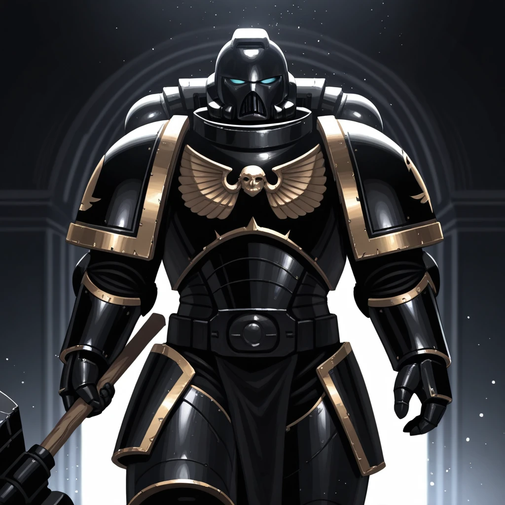 masterpiece, best quality, spacemarines, 1boy, solo, black armor, pauldrons, breastplate, gauntlets, cowboy shot, <lora:SpaceMarines_Creator_warhammer_Leaf1:1>, holding hammer, light particles, black theme,