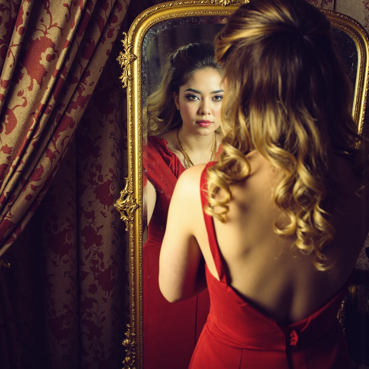{ "T5": "A hyperrealistic, photographic style image of a luxurious, vintage-styled dressing room with a large, ornate, gold-framed mirror placed at a 45-degree angle, reflecting a beautiful, young woman with flawless, porcelain-like skin and long, curly, honey-blonde hair, wearing a elegant, red dress, standing in front of a velvet, burgundy curtain, with intricately woven patterns, the woman's bright, emerald-green eyes are looking directly at her reflection, with a subtle, enigmatic smile, the mirror's surface is slightly distressed, with minor scratches and scuffs, adding to the vintage feel, the room is illuminated by soft, warm, golden light, casting a gentle glow on the entire scene, with deep, rich shadows, accentuating the textures of the luxurious fabrics, and the intricate details of the mirror's frame", "CLIP-L": "mirror reflection, vintage dressing room, luxurious fabrics, gold frame, ornate details, hyperrealistic, photographic style, young woman, red dress, curly hair, green eyes, velvet curtain, burgundy color, golden light, soft shadows, distressed mirror, porcelain skin" }