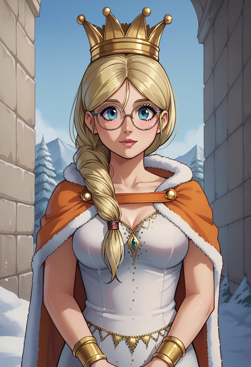 score_9, score_8_up, score_7_up, score_6_up, score_5_up, score_4_up, masterpiece, best quality, BREAK,
1girl, outdoors, snow, <lora:Queen_Frysabel_DQ:1> frysabel, glasses, long hair, blonde hair female, braid, dress, jewelry, bracelet, crown, cape