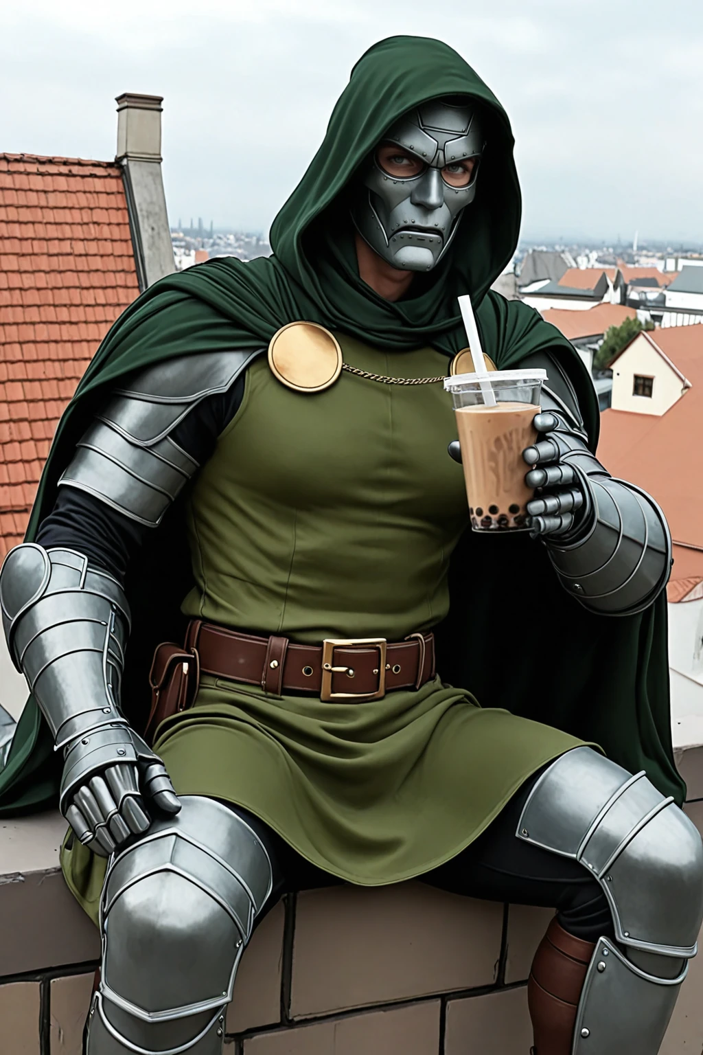 masterpiece, good quality, best quality, very awa, very as2, absurdres, highres
<lora:Doctor DoomilluLoRA:1>drdm, hood, cape, belt, armor, cloak, mask, gauntlets, muscular, sitting on a rooftop, holding a bubble tea, sundown
