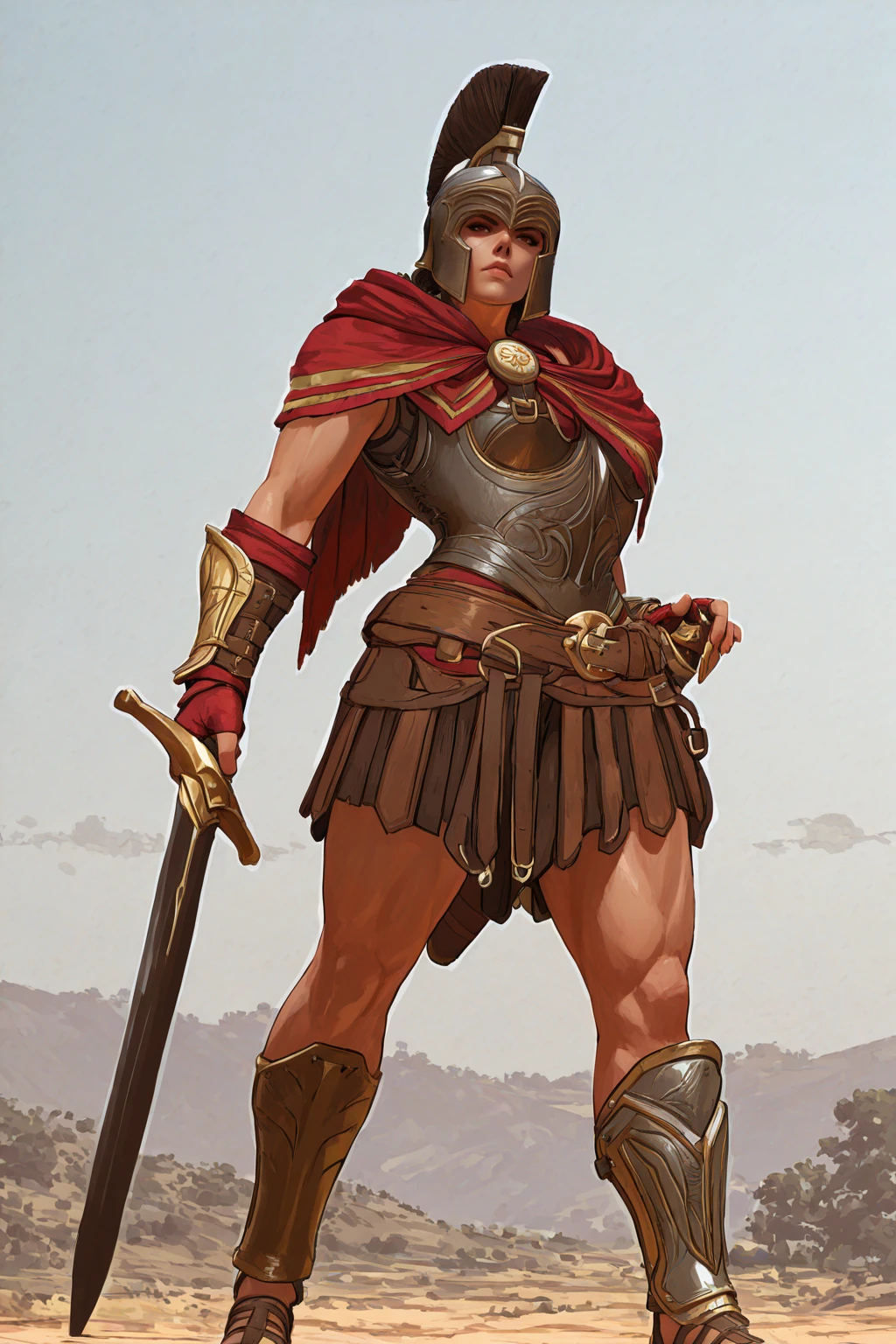 masterpiece, good quality, best quality, very awa, very as2, absurdres, highres,
<lora:KassandrailluLoRA:0.8>kssndra, capelet, breastplate, asymetrical bracer, fingerless gloves, belt, skirt, helmet, black red crest, greaves, sandals, holding sword, sheath, outdoors, coast, frontal, looking at viewer, look up