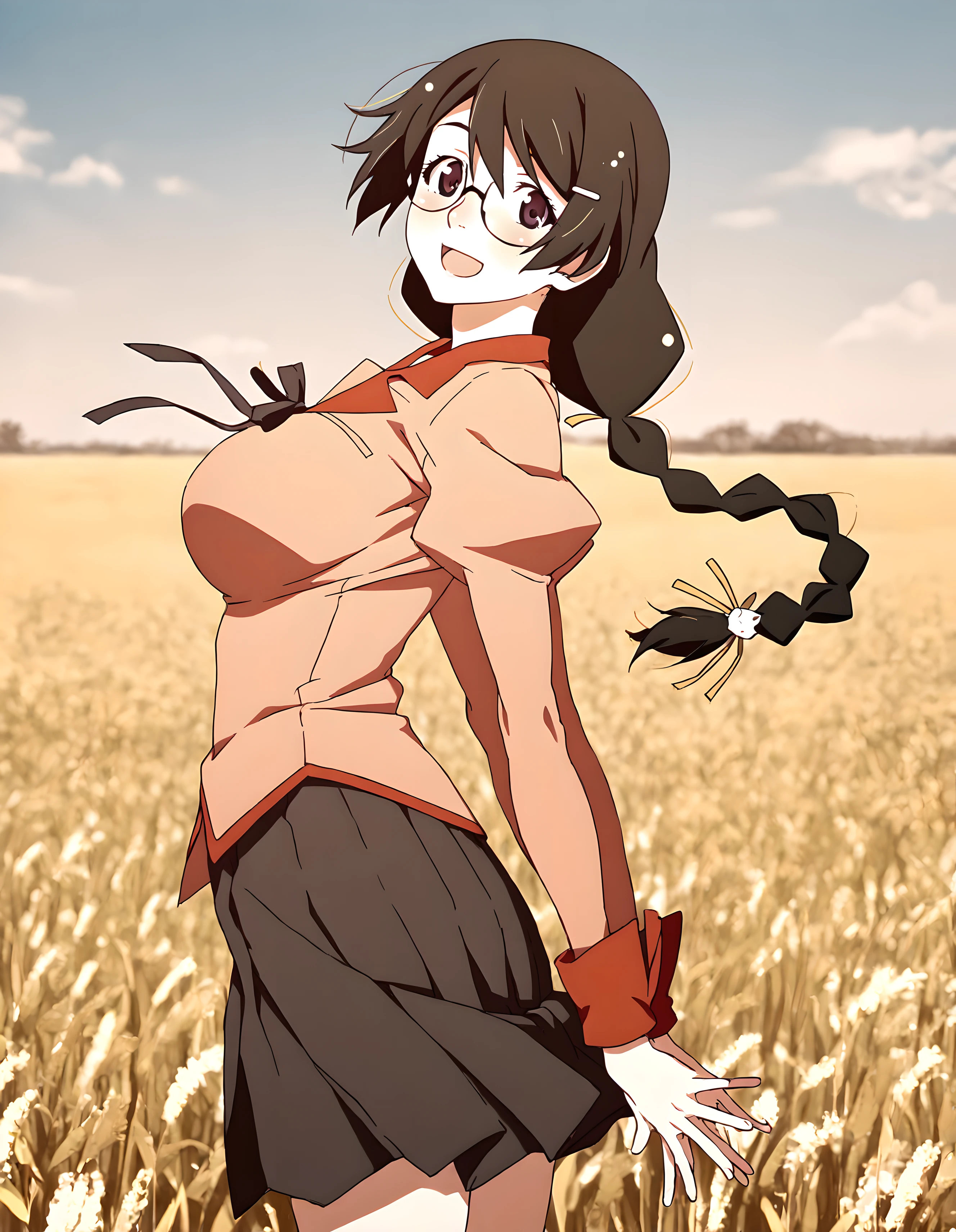 <lora:illustrious_XL_hanekawa_v2:0.8>,hanekawa,masterpiece,best quality,good quality,1girl,solo,naoetsu_high_school_uniform,day,field,(blue sky:1.3),standing,arms_behind_back,hands together,spread_fingers,from_side,looking_at_viewer,smile,:d,