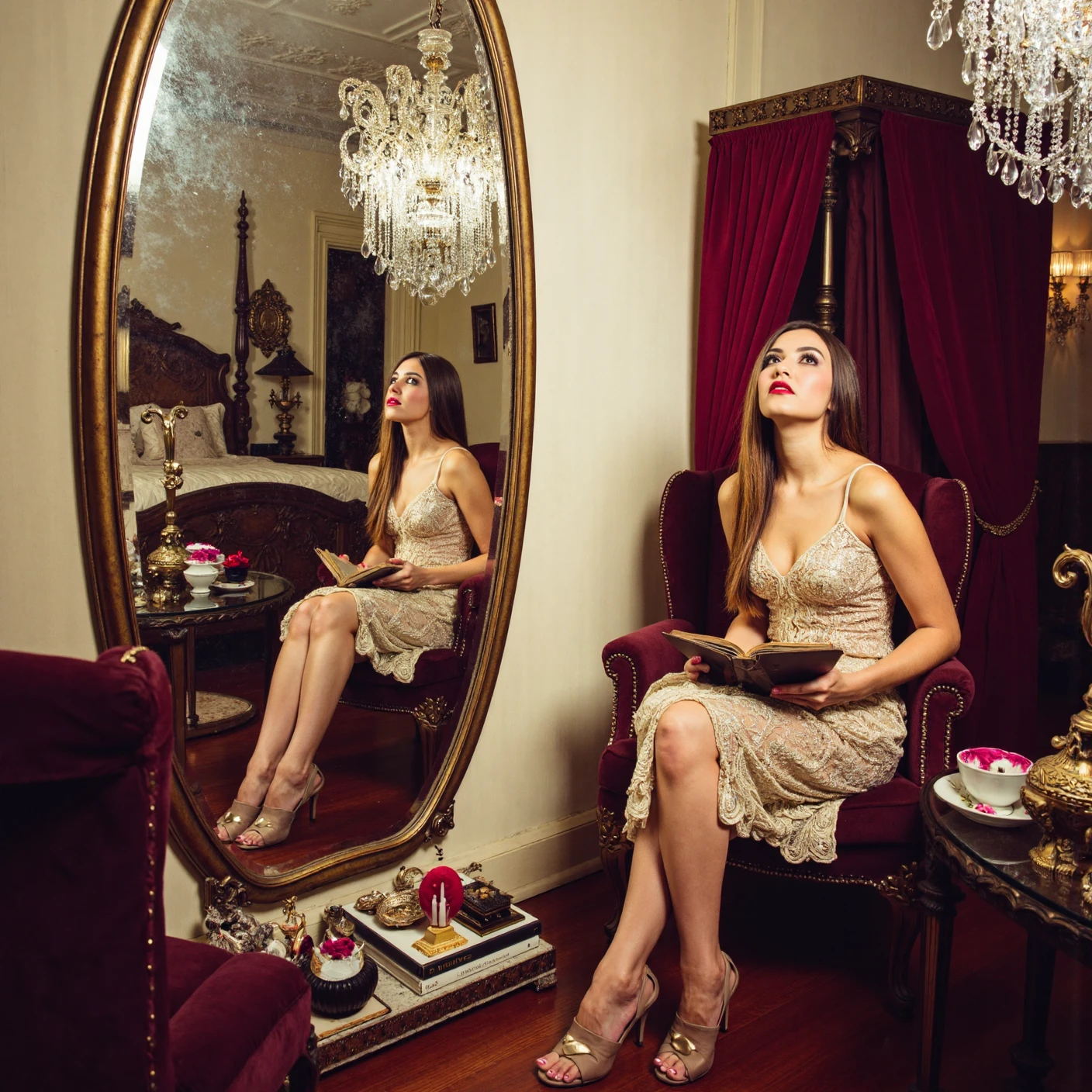 { "T5": "A highly detailed, photographic style image of a large, ornate mirror hanging on a wall in a luxurious, Victorian-era inspired bedroom, with the mirror positioned at a 45-degree angle to the camera, reflecting a beautiful, long-haired woman sitting on a plush, velvet-covered armchair, wearing a intricate, beaded gown, her face tilted upwards with a serene expression, her eyes cast downwards, gazing at a small, leather-bound book in her lap, the mirror's surface is slightly distressed, with subtle scratches and scuffs, and a thin, golden frame, the woman's reflection in the mirror shows every strand of hair, every bead on her gown, and every detail of her face, including the delicate texture of her skin, the camera is positioned to the side of the mirror, looking across the room, with the mirror's reflective surface filling most of the frame, and the bedroom's opulent furnishings, including a four-poster bed, and heavy, crimson curtains, visible in the background, the lighting is soft, and warm, with a mix of natural, and artificial light sources, including a large, crystal chandelier hanging from the ceiling, and several, ornate, table lamps, scattered throughout the room", "CLIP-L": "photographic style, mirror reflection, luxurious bedroom, ornate mirror, detailed skin, textured hair, beaded gown, velvet armchair, leather-bound book, golden frame, distressed mirror, Victorian-era inspired, plush furnishings, crystal chandelier, table lamps, soft lighting, warm colors" }