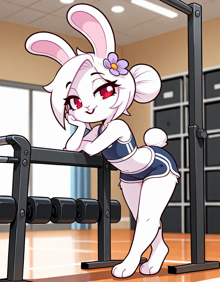 a furry bunny, Judy Hopps, with big breasts, thick thighs, sexy body, naked, with very thin micro panties, with fishnet stockings, with high heels, in the gym, very wet and sweaty, with her legs open for the camera, 8k