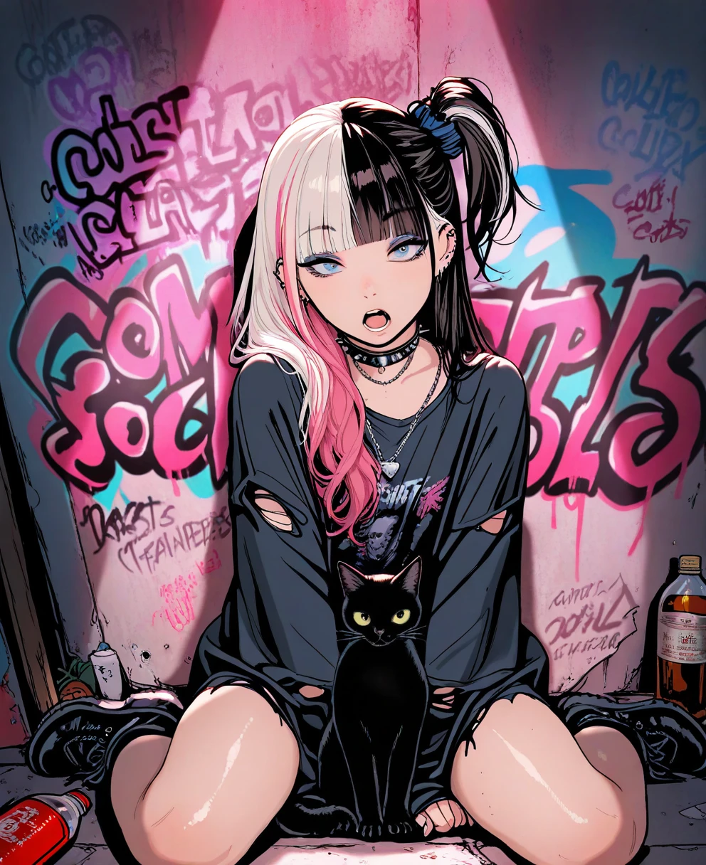 <lora:coffee2haiILLUS:1> coffee2hai,
(masterpiece), (best quality), (ultra-detailed), amazing quality, very aesthetic, illustration, perfect composition, intricate details, absurdres, incredibly absurdres, shiny skin, realistic,
coffee2hai, 1girl, black cat, multicolored hair, makeup, pink hair, jewelry, blue eyes, earrings, long hair, sitting, white hair, graffiti, looking at viewer, necklace, bottle, hair scrunchie, two-tone hair, torn clothes, , black shirt, choker, spikes, ear piercing, hair ornament, spiked collar, open mouth, side ponytail, pink , long sleeves, eyeshadow, blunt bangs, black footwear, animal, split-color hair