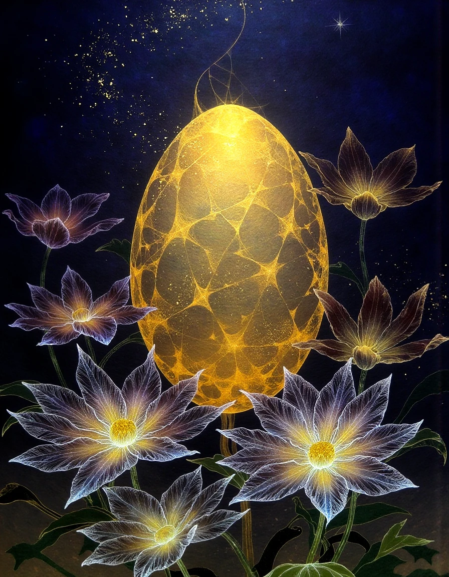 a dinhng style painting , a glowing phoenix egg with translucent golden cracks surrounded by intricate flowers, set under a mystical starry sky, <lora:nihonga-stardust_v32-000070:1>
