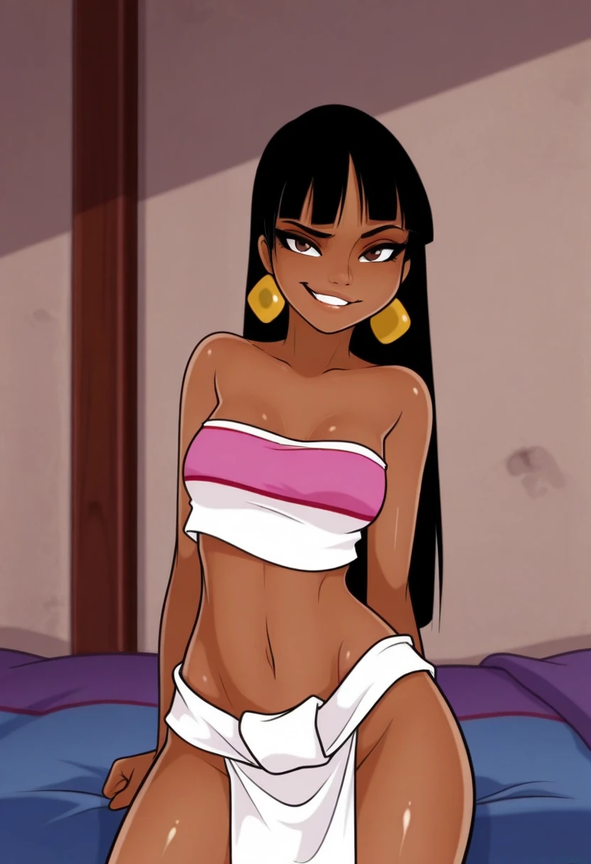 masterpiece,best quality,1girl, dark skin:1.3, ,medium shot, pussy,solo,smile,looking at viewer,sitting on black leather couch, white background, nsfw, cowboy shot, nudity, big tits, 14 years old, eye bags, dark eyes