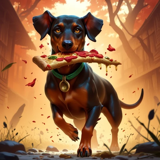 FantasyCardd-V1.0 style illustration that features a dachshund running away with a big slice of pizza in his mouth