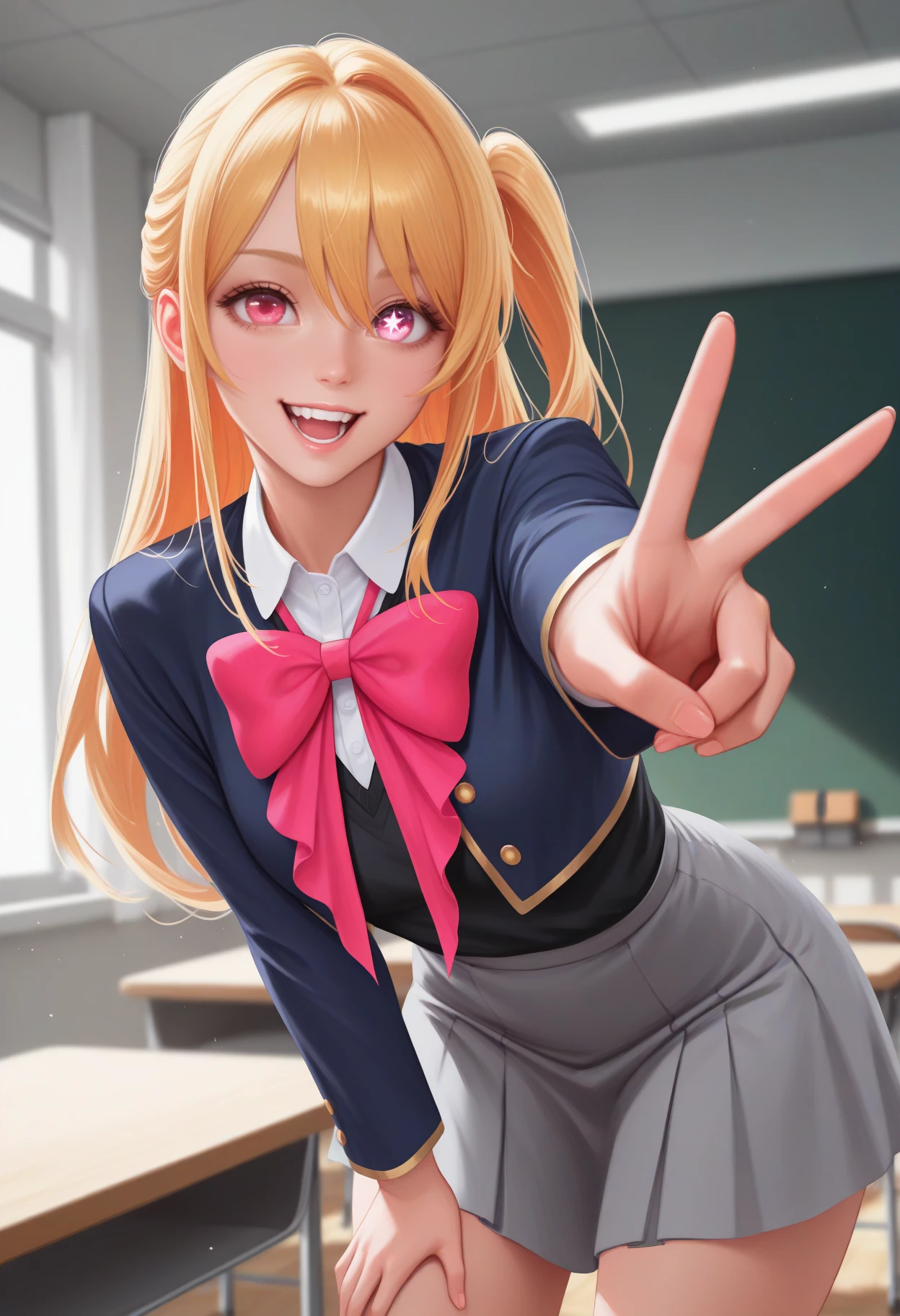 masterpiece, best quality, newest, realistic, solo, 1girl, rbhshndef, :d, teeth, looking at viewer, standing, leaning forward, outstretched arm, v, hand on own thigh, long hair, blonde hair, sidelocks, hair between eyes, one side up, pink eyes, mismatched pupils, star-shaped pupils, school uniform, blue jacket, cropped jacket, open jacket, long sleeves, black vest, white shirt, collared shirt, pink bowtie, grey skirt, indoors, classroom
<segment:yolo-Anzhc Face seg 640 v2 y8n.pt,0.4,0.5//cid=1>
