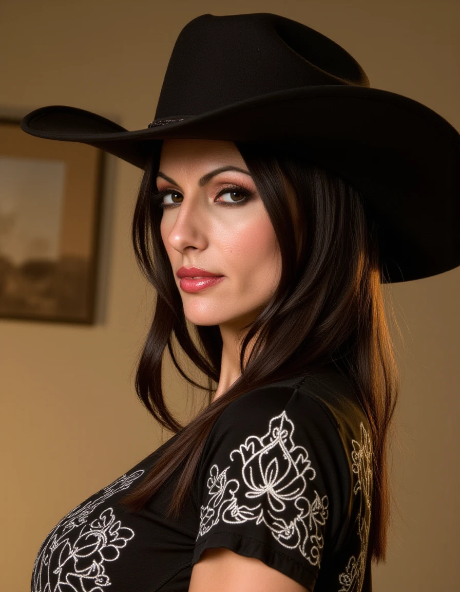 <lora:Catalina_Cruz-000007:1>, high resolution portrait of a beautiful cowgirl wearing black hat, bmbpflx, <lora:Alcina_Dimitrescu:0.4>, <lora:flux_train_replicate:0.3>