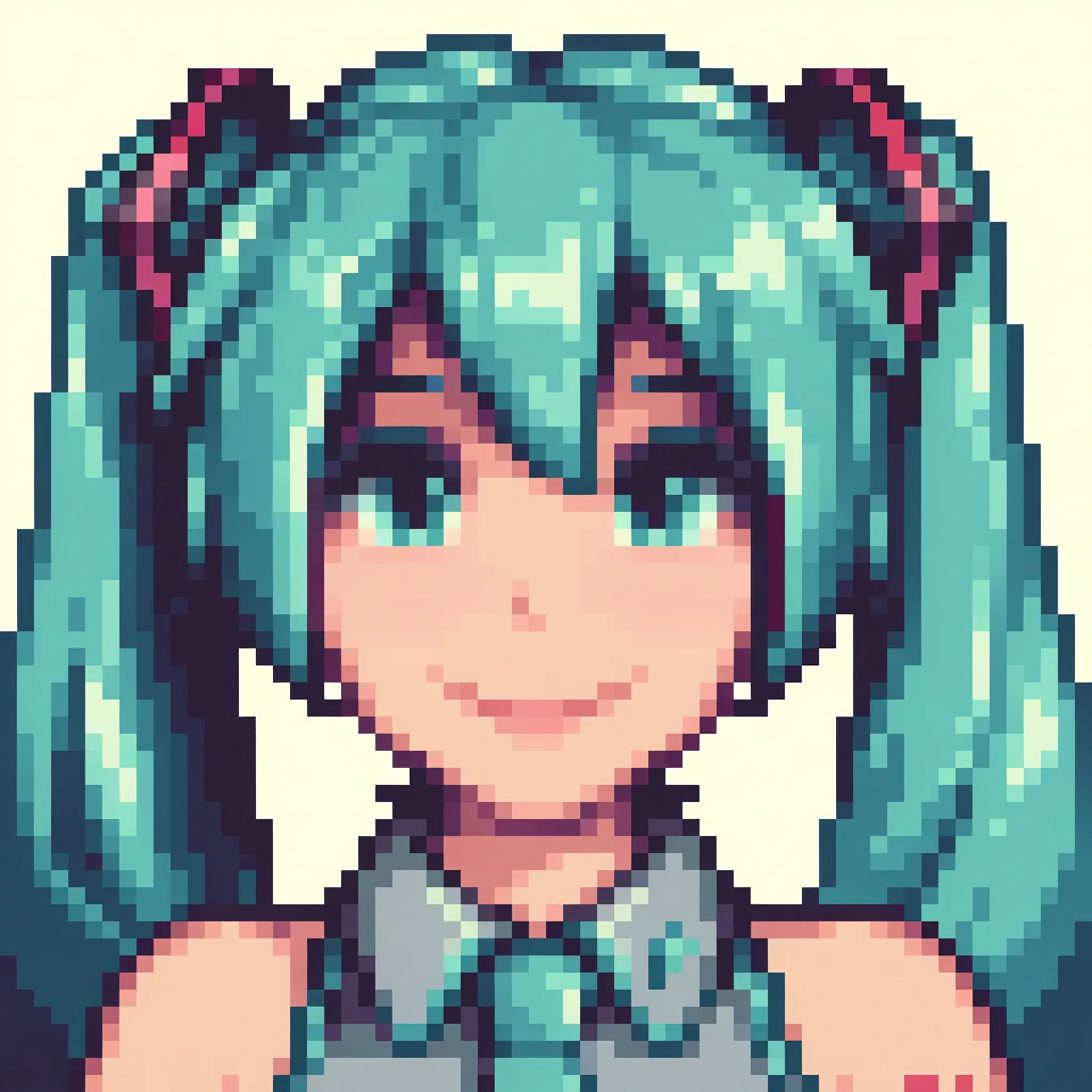 masterpiece, best quality, solo, 1girl, smile, looking at viewer, <lora:Stardew-Valley-Portraits-illus_Fp:1>, pixel art, portrait, simple background, hatsune miku,