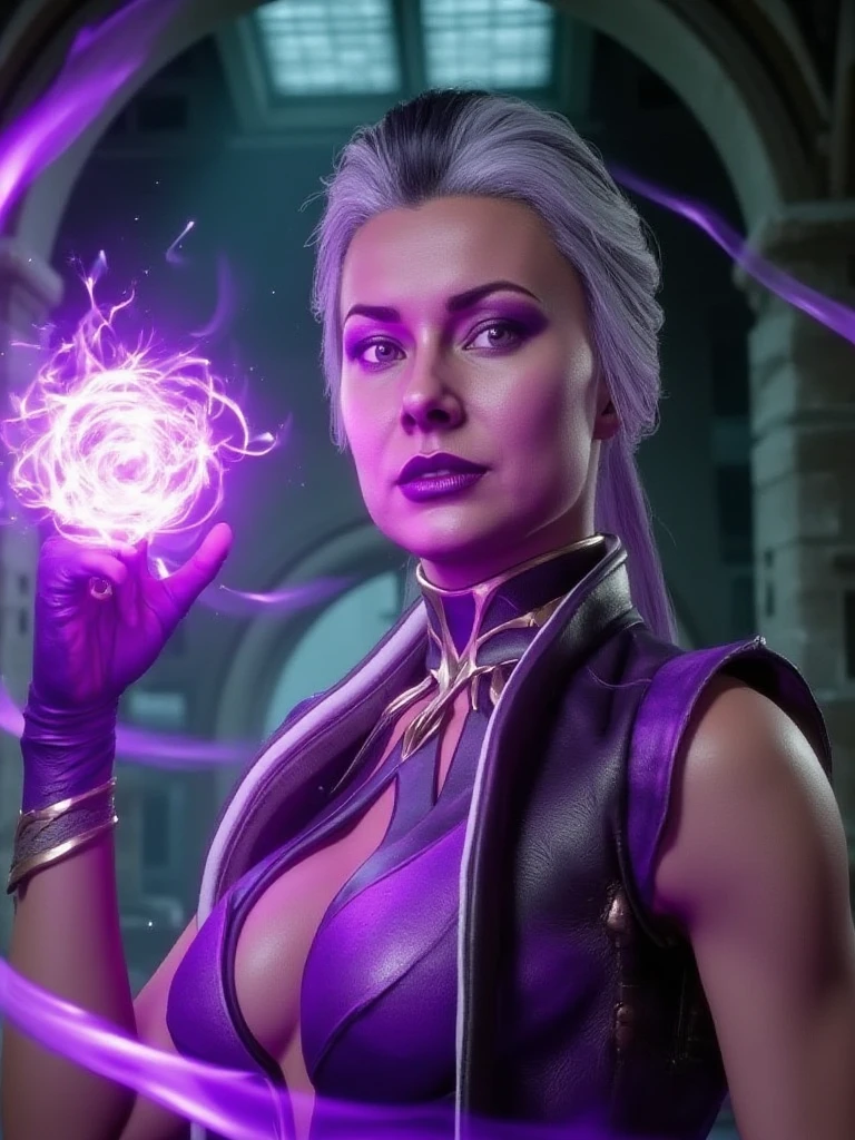 photo of s1nd3l, a woman wearing purple outfit, casting purple magic, inside a dark palace, fighting stance, <lora:ty-s1nd3l:1>