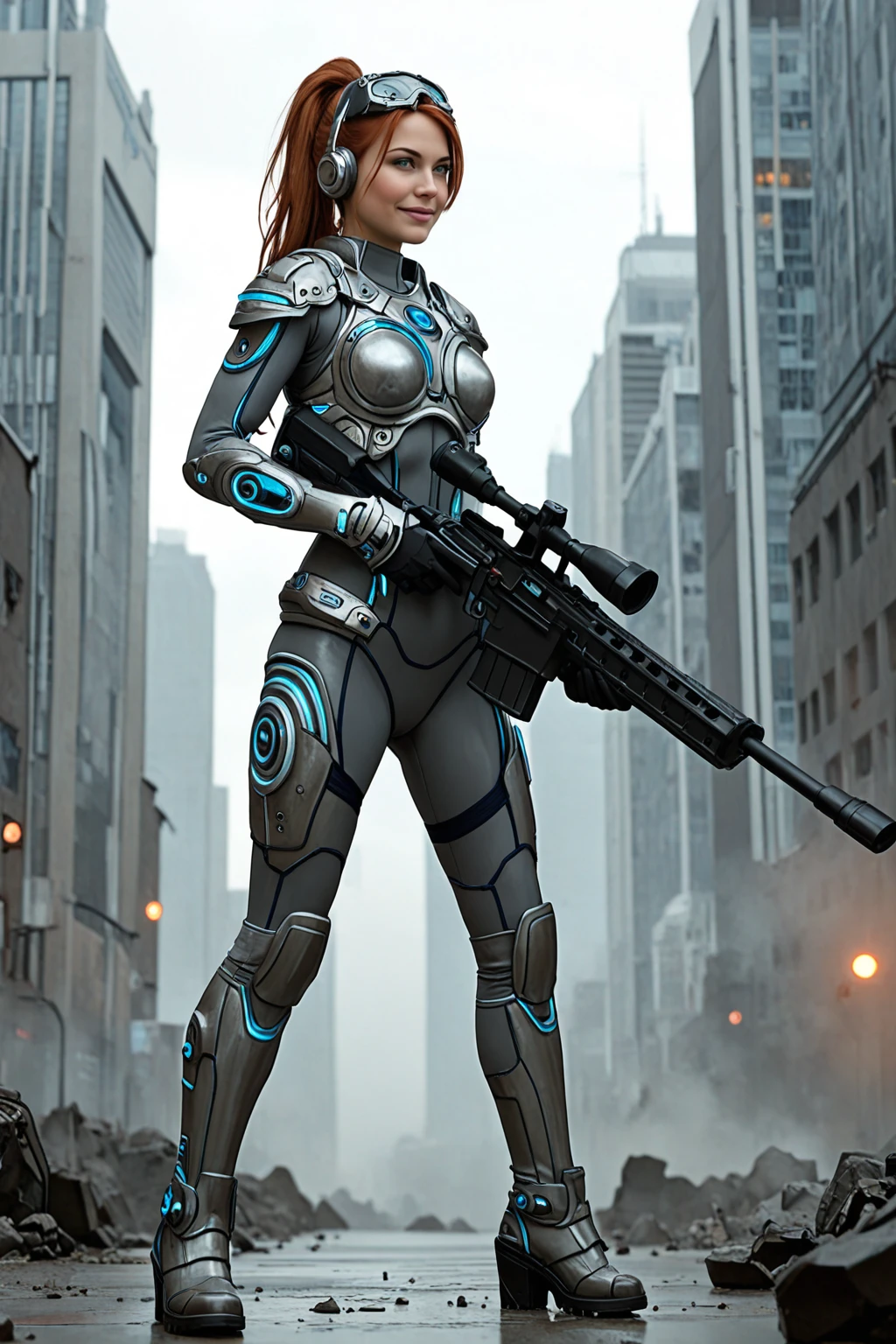 masterpiece, good quality, best quality, very awa, very as2, absurdres, highres
<lora:Sarah KerriganilluLoRA:1> long hair, srahkrrign, ponytail, breastplate, shoulder armor, bodysuit, goggles on head, headphones, gloves, skin tight, bracer, boots, neon trim, glowing, holding sniper rifle, smile, in front of a building