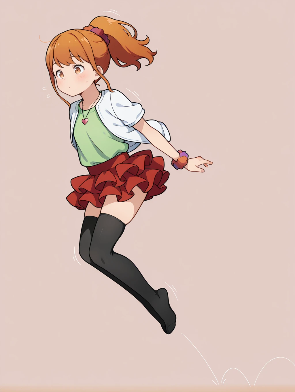 1girl, solo, very awa, masterpiece, best quality, amazing quality, very aesthetic, absurdres, full body,
<lora:Hopping-IL-Lance-V1:1> bhop, midair, hop lines, hopping, motion lines,
<lora:EromangaSensei_JinnoMegumi_IlluXL:1> ginger hair, brown eyes, high ponytail, hair scrunchie, MegumiCasualTwo, open jacket, white jacket, green shirt, heart necklace, short sleeves, layered skirt, frilled skirt, red skirt, black thighhighs,